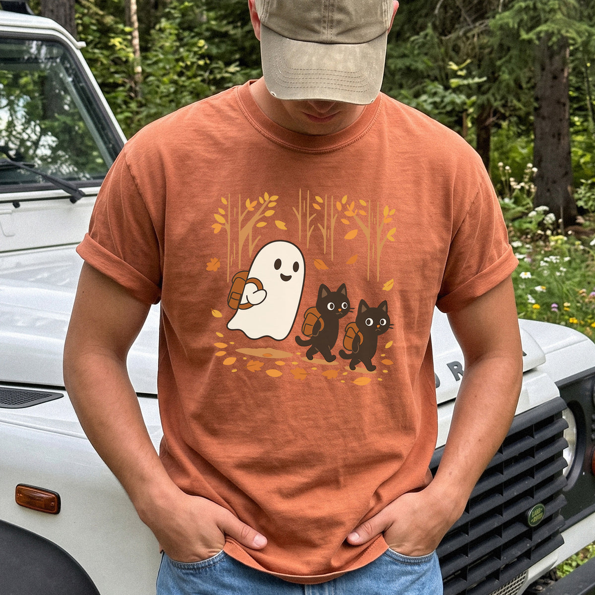 Autumn Ghost & Black Cats Comfort Colors Shirt – Cozy Spooky Hiking Vibes