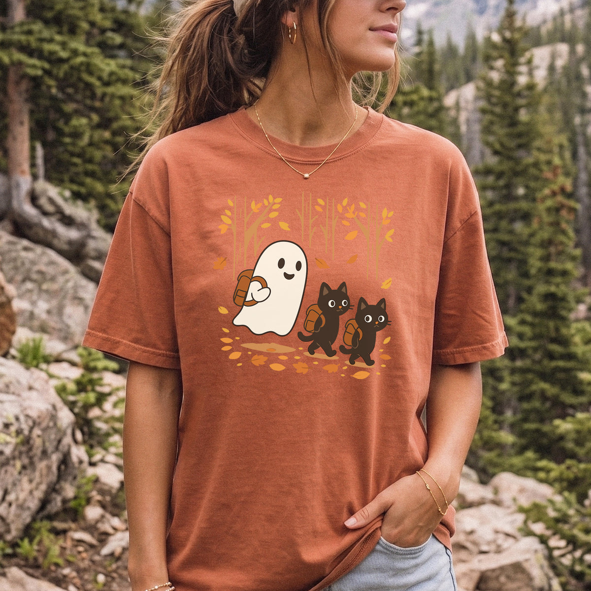 Autumn Ghost & Black Cats Comfort Colors Shirt – Cozy Spooky Hiking Vibes
