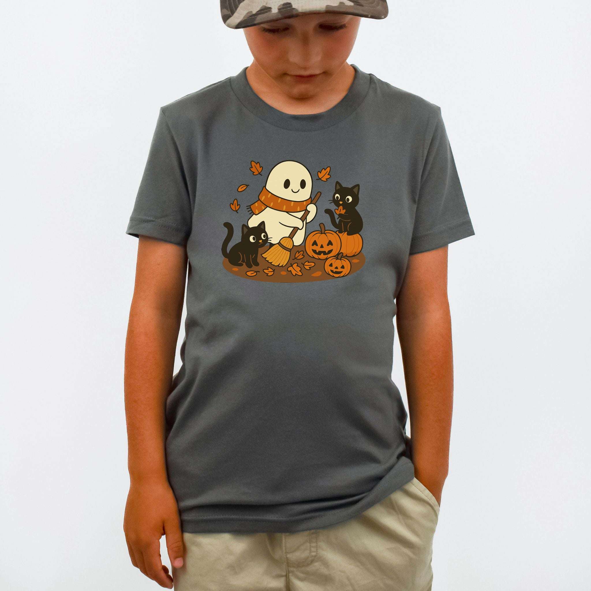Autumn Ghost & Black Cats Youth Tee – Pumpkin Patch Cozy Vibes