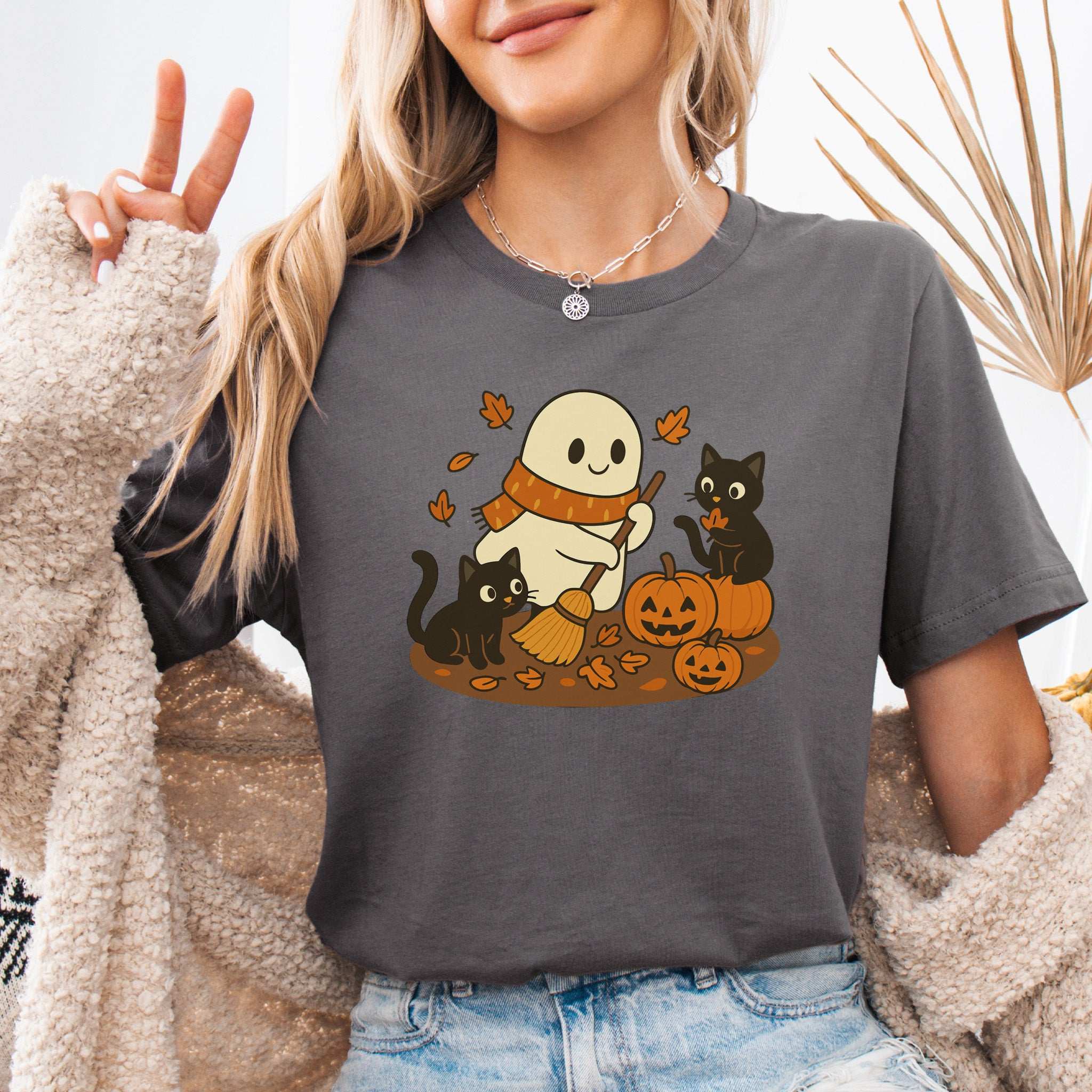 Autumn Ghost & Black Cats T-Shirt – Pumpkin Patch Cozy Vibes