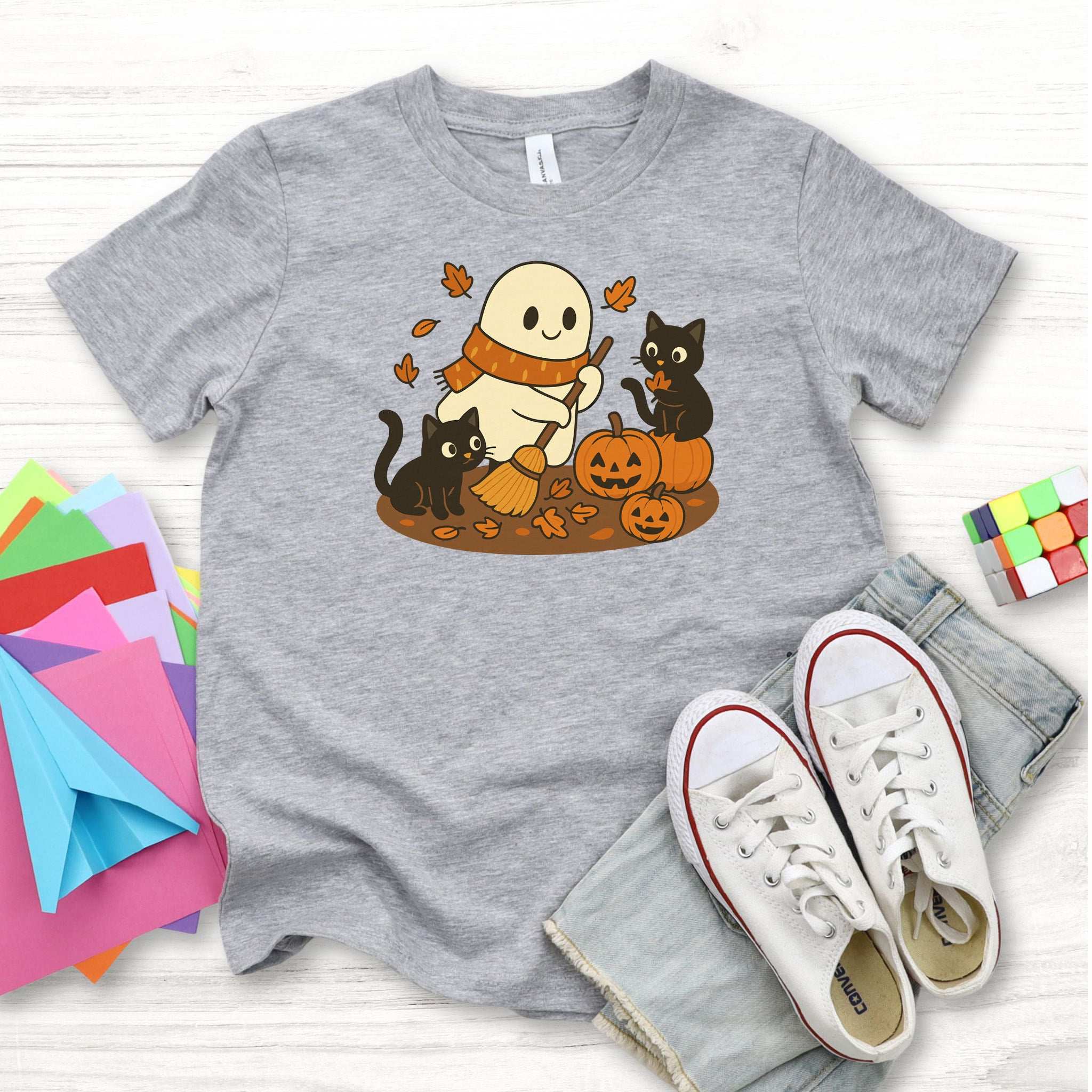 Autumn Ghost & Black Cats Youth Tee – Pumpkin Patch Cozy Vibes