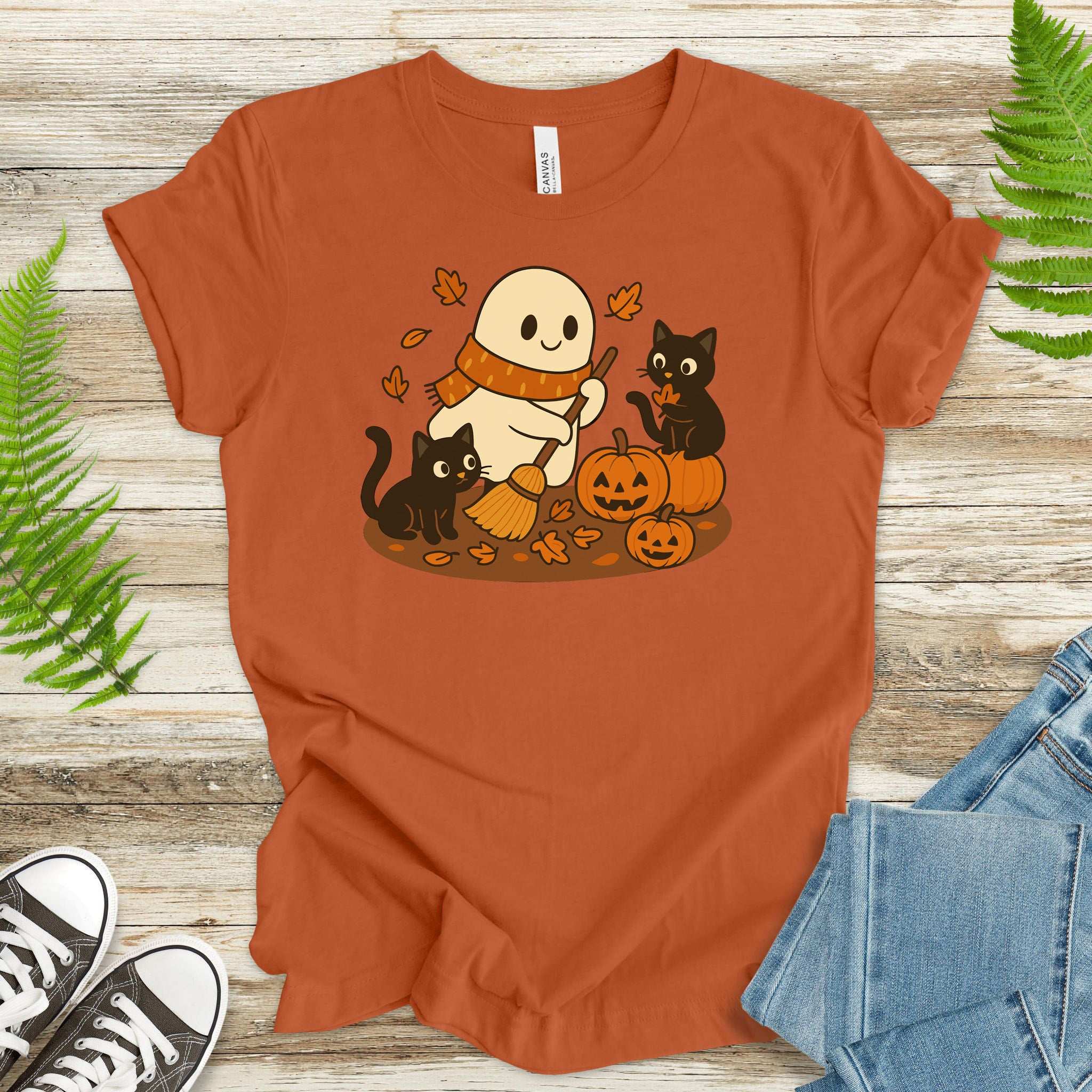 Autumn Ghost & Black Cats T-Shirt – Pumpkin Patch Cozy Vibes