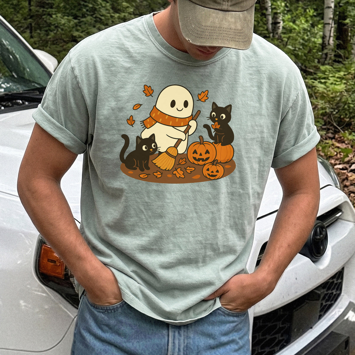 Autumn Ghost & Black Cats Comfort Colors Shirt – Pumpkin Patch Cozy Vibes
