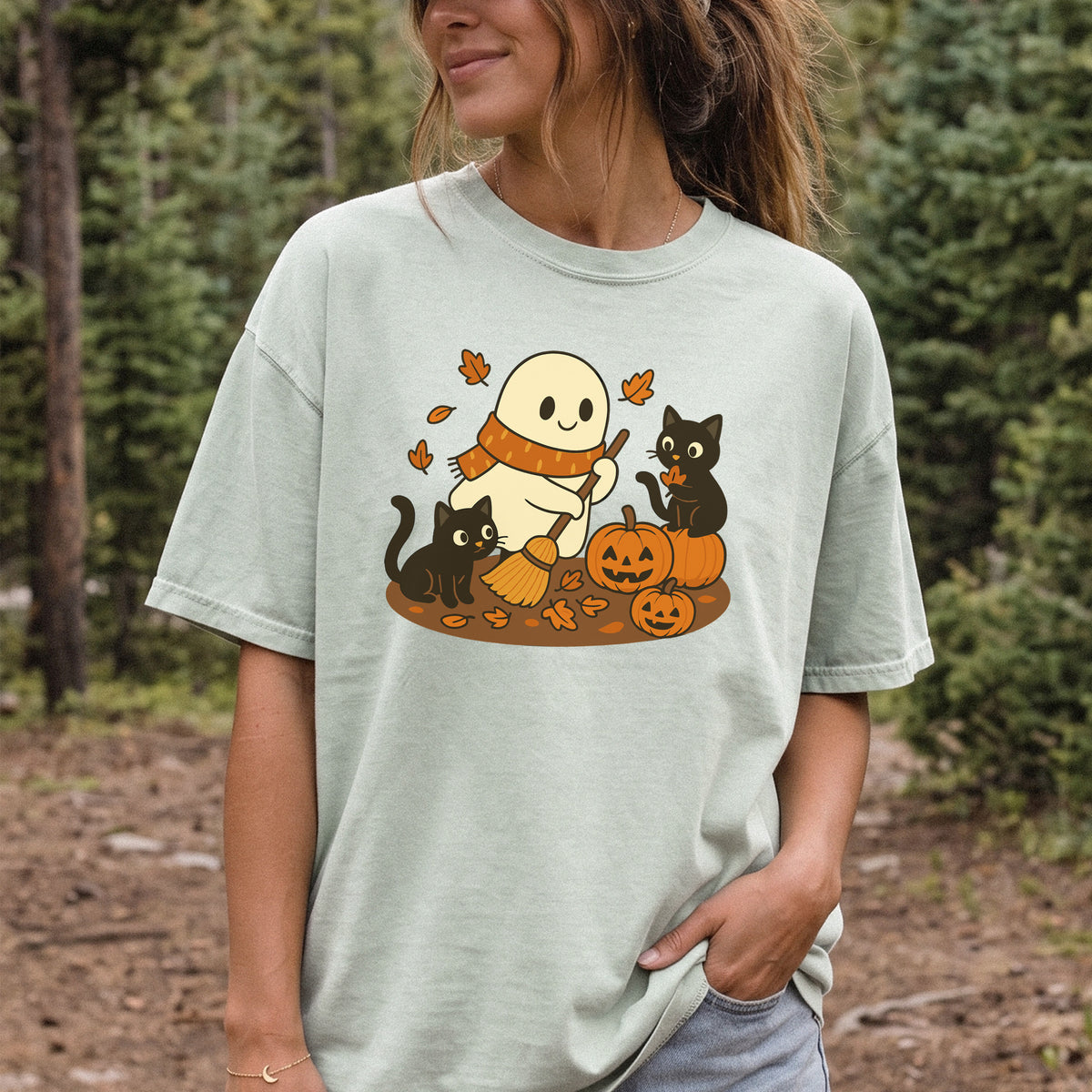 Autumn Ghost & Black Cats Comfort Colors Shirt – Pumpkin Patch Cozy Vibes