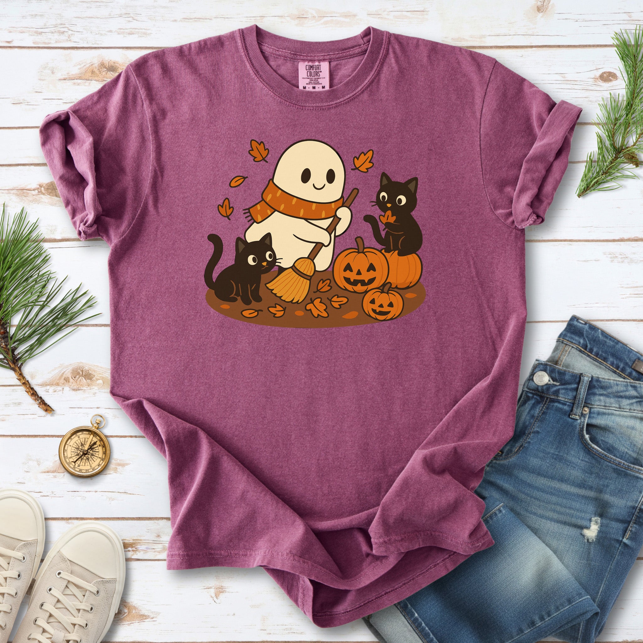 Autumn Ghost & Black Cats Comfort Colors Shirt – Pumpkin Patch Cozy Vibes