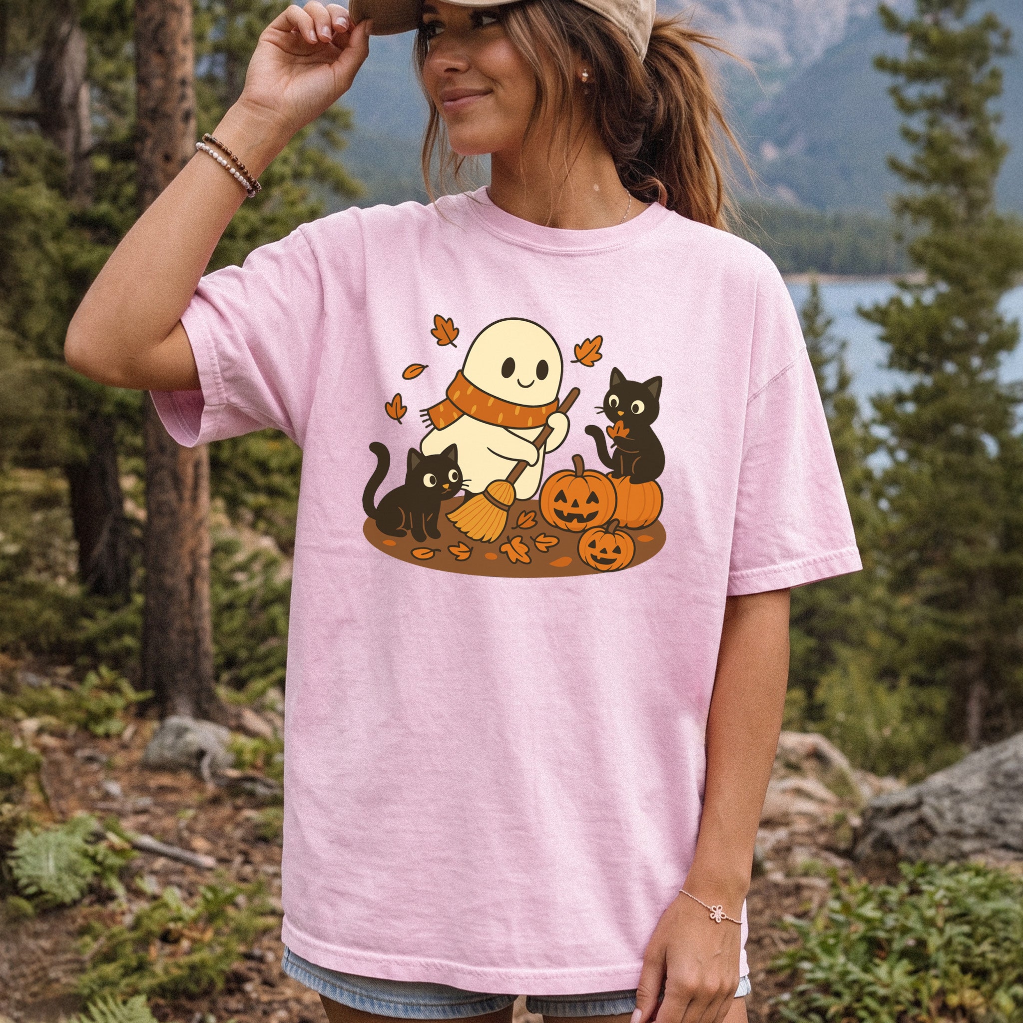 Autumn Ghost & Black Cats Comfort Colors Shirt – Pumpkin Patch Cozy Vibes