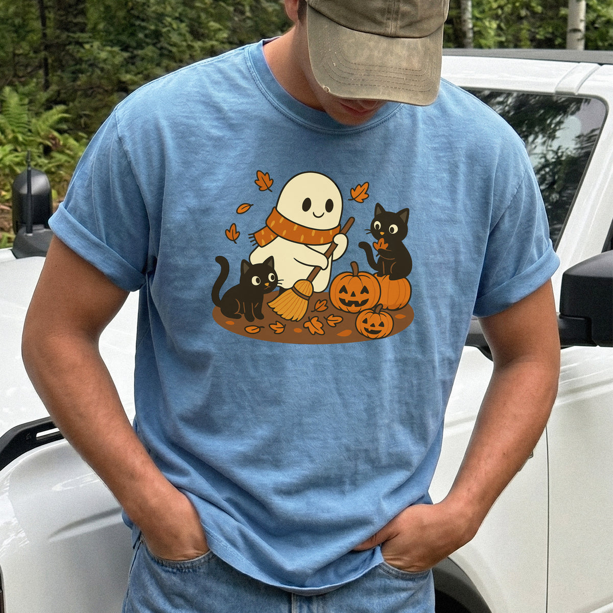 Autumn Ghost & Black Cats Comfort Colors Shirt – Pumpkin Patch Cozy Vibes