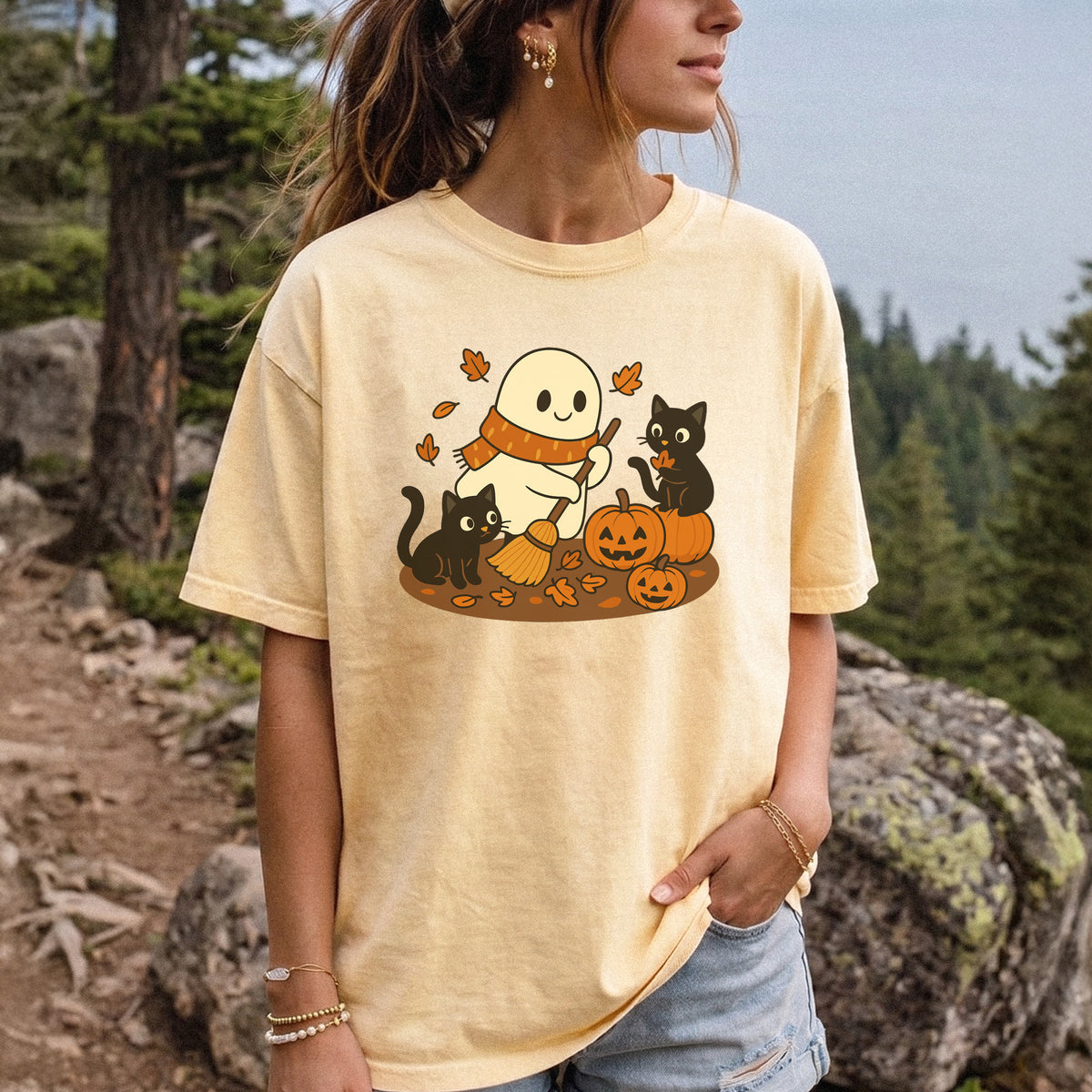 Autumn Ghost & Black Cats Comfort Colors Shirt – Pumpkin Patch Cozy Vibes