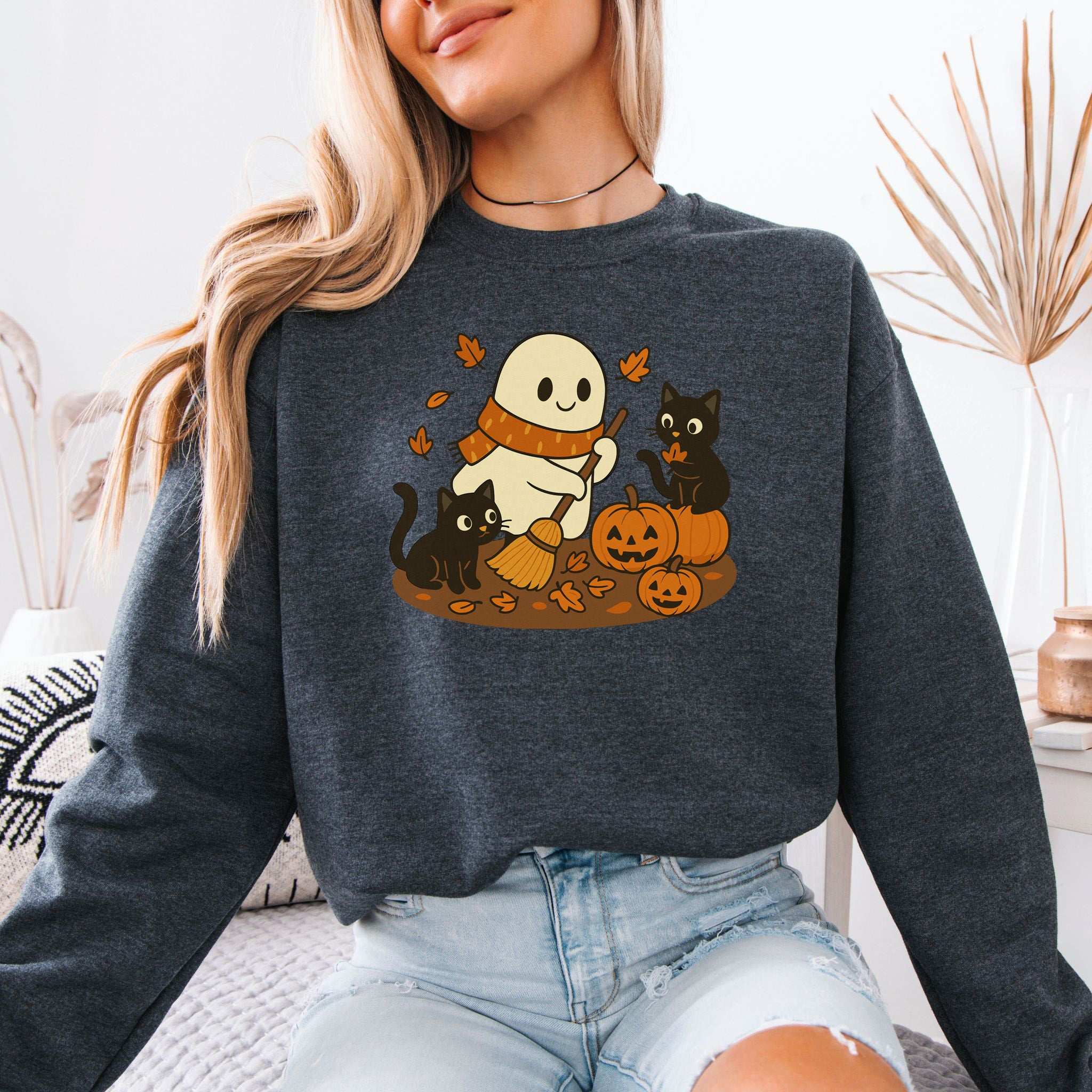 Autumn Ghost & Black Cats Sweatshirt – Pumpkin Patch Cozy Vibes