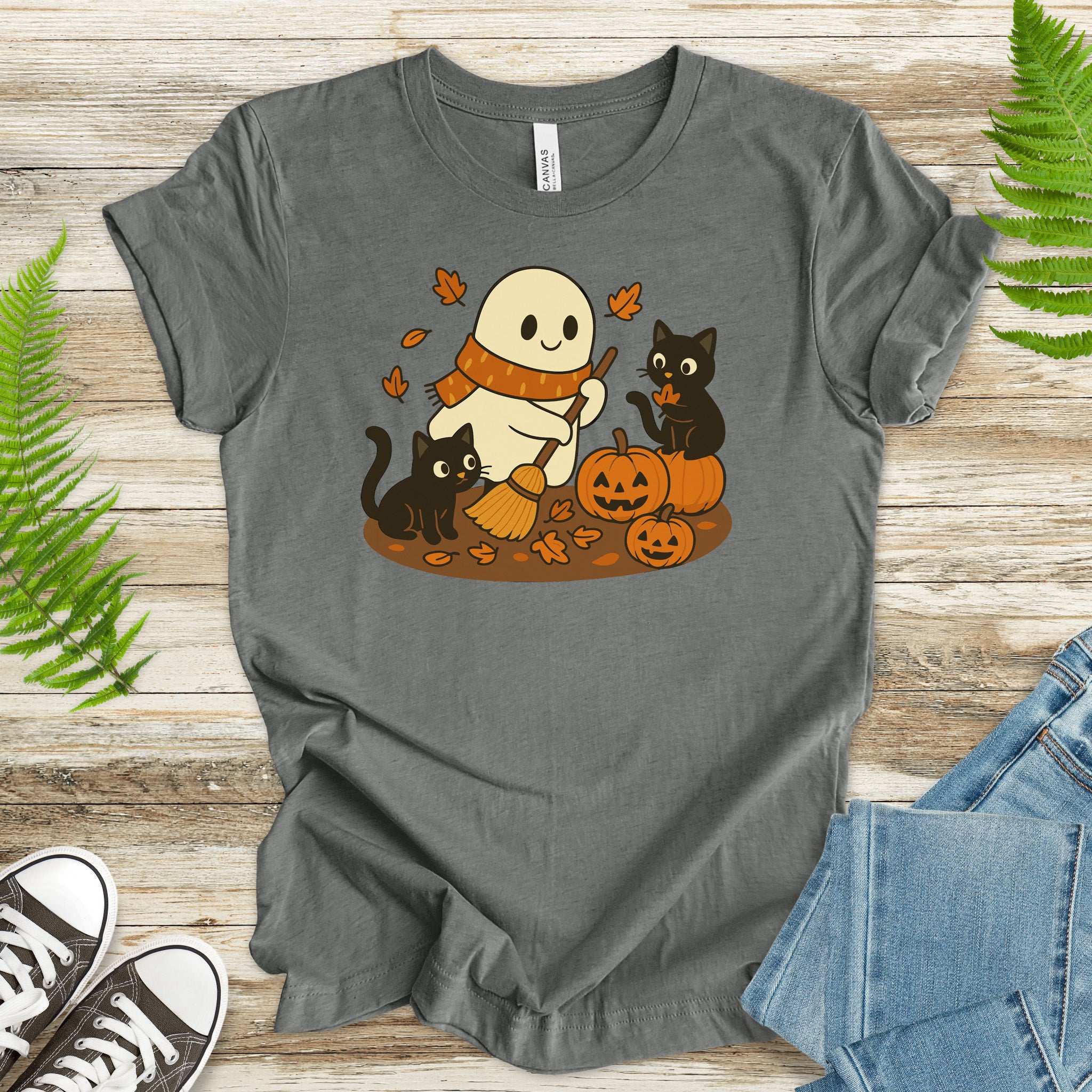 Autumn Ghost & Black Cats T-Shirt – Pumpkin Patch Cozy Vibes
