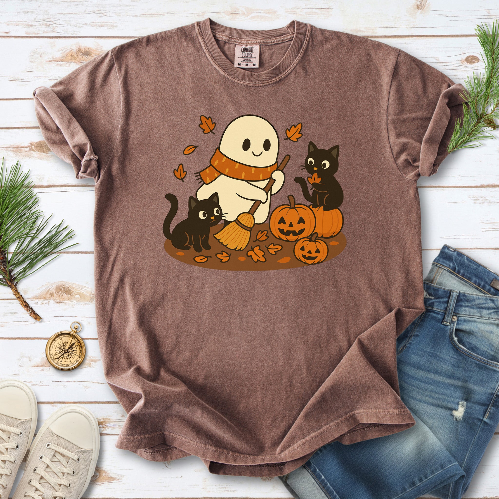 Autumn Ghost & Black Cats Comfort Colors Shirt – Pumpkin Patch Cozy Vibes