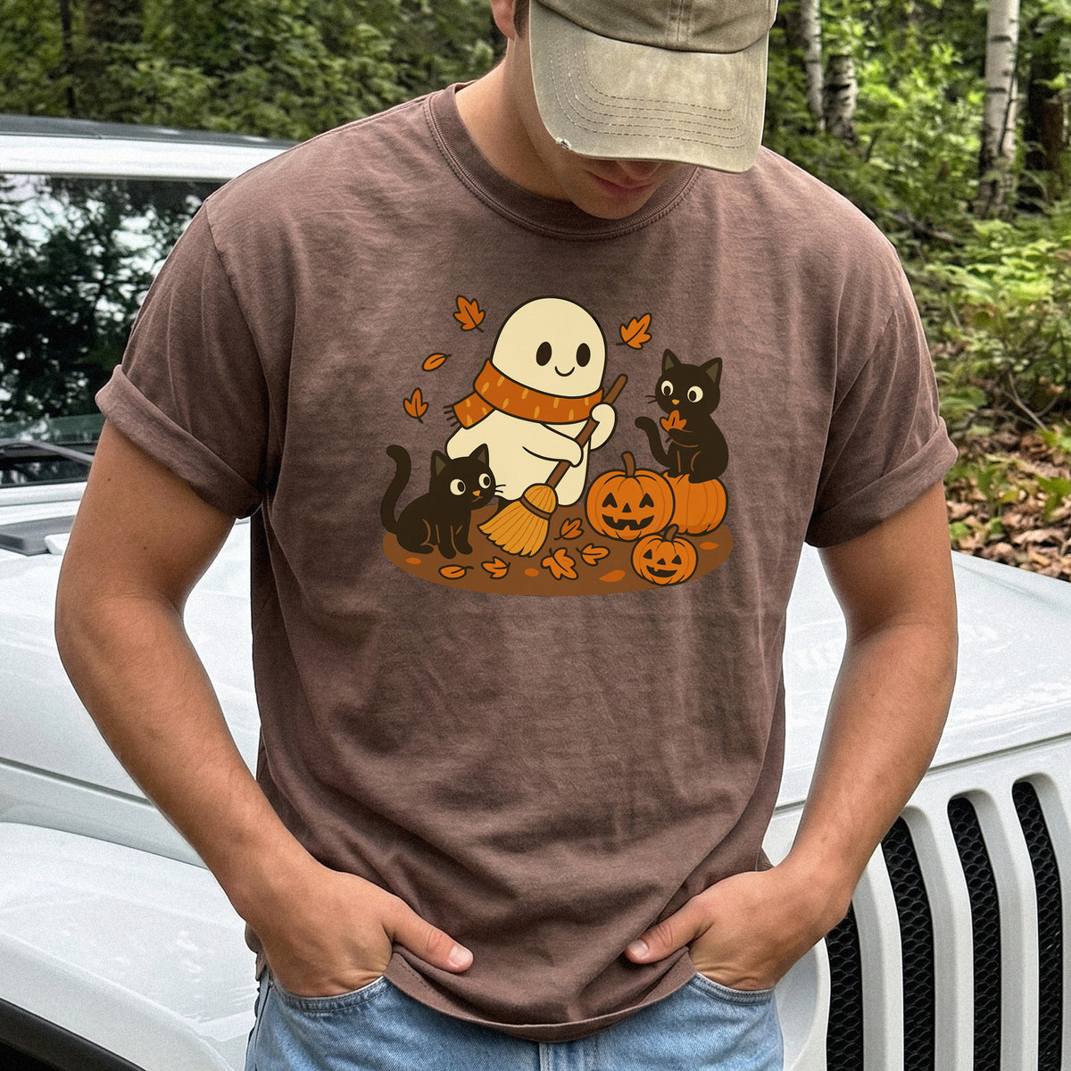 Autumn Ghost & Black Cats Comfort Colors Shirt – Pumpkin Patch Cozy Vibes