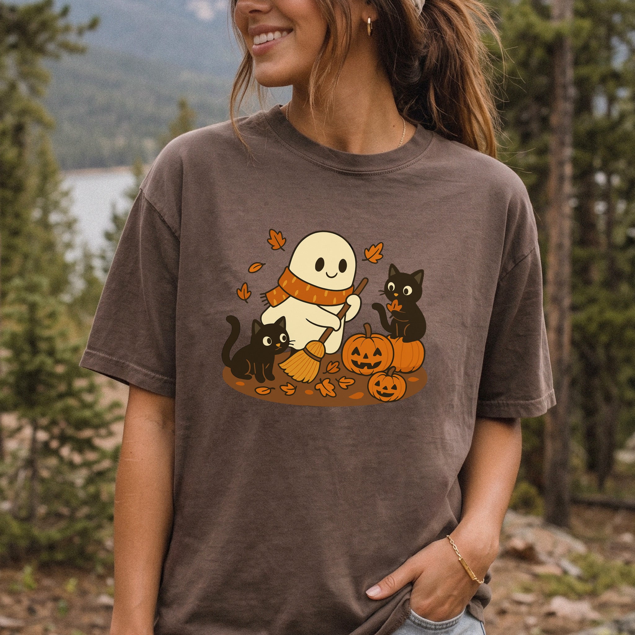 Autumn Ghost & Black Cats Comfort Colors Shirt – Pumpkin Patch Cozy Vibes