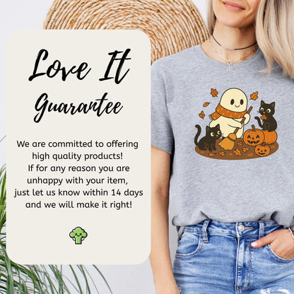 Autumn Ghost & Black Cats T-Shirt – Pumpkin Patch Cozy Vibes