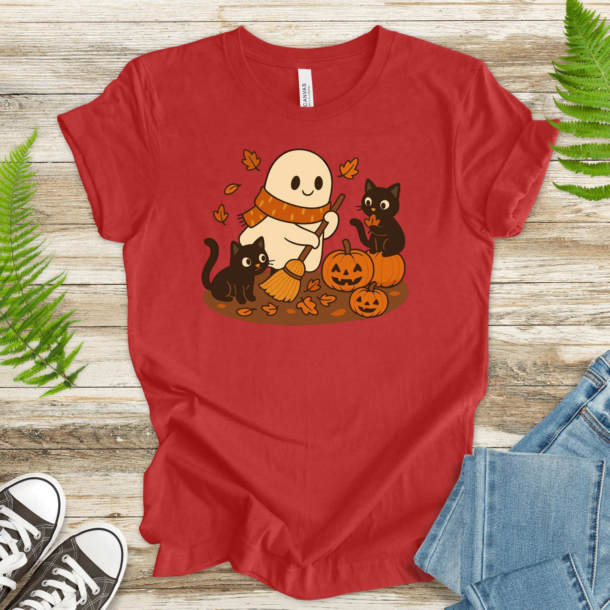 Autumn Ghost & Black Cats T-Shirt – Pumpkin Patch Cozy Vibes