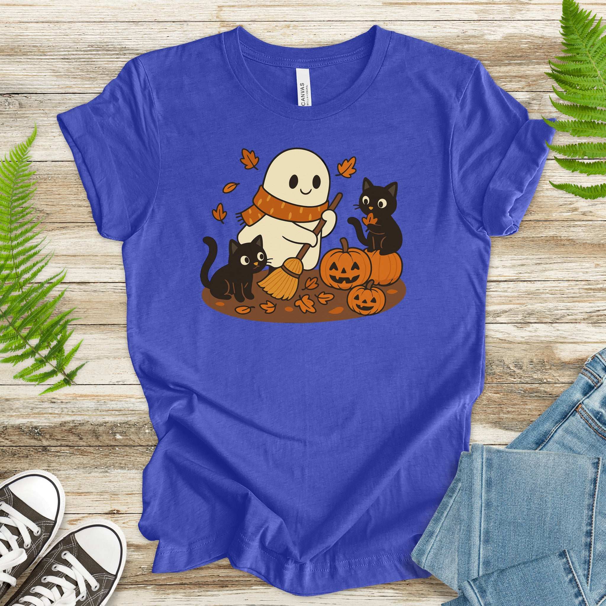 Autumn Ghost & Black Cats T-Shirt – Pumpkin Patch Cozy Vibes