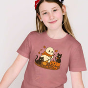 Autumn Ghost & Black Cats Youth Tee – Pumpkin Patch Cozy Vibes