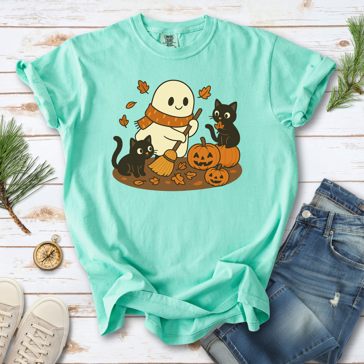Autumn Ghost & Black Cats Comfort Colors Shirt – Pumpkin Patch Cozy Vibes