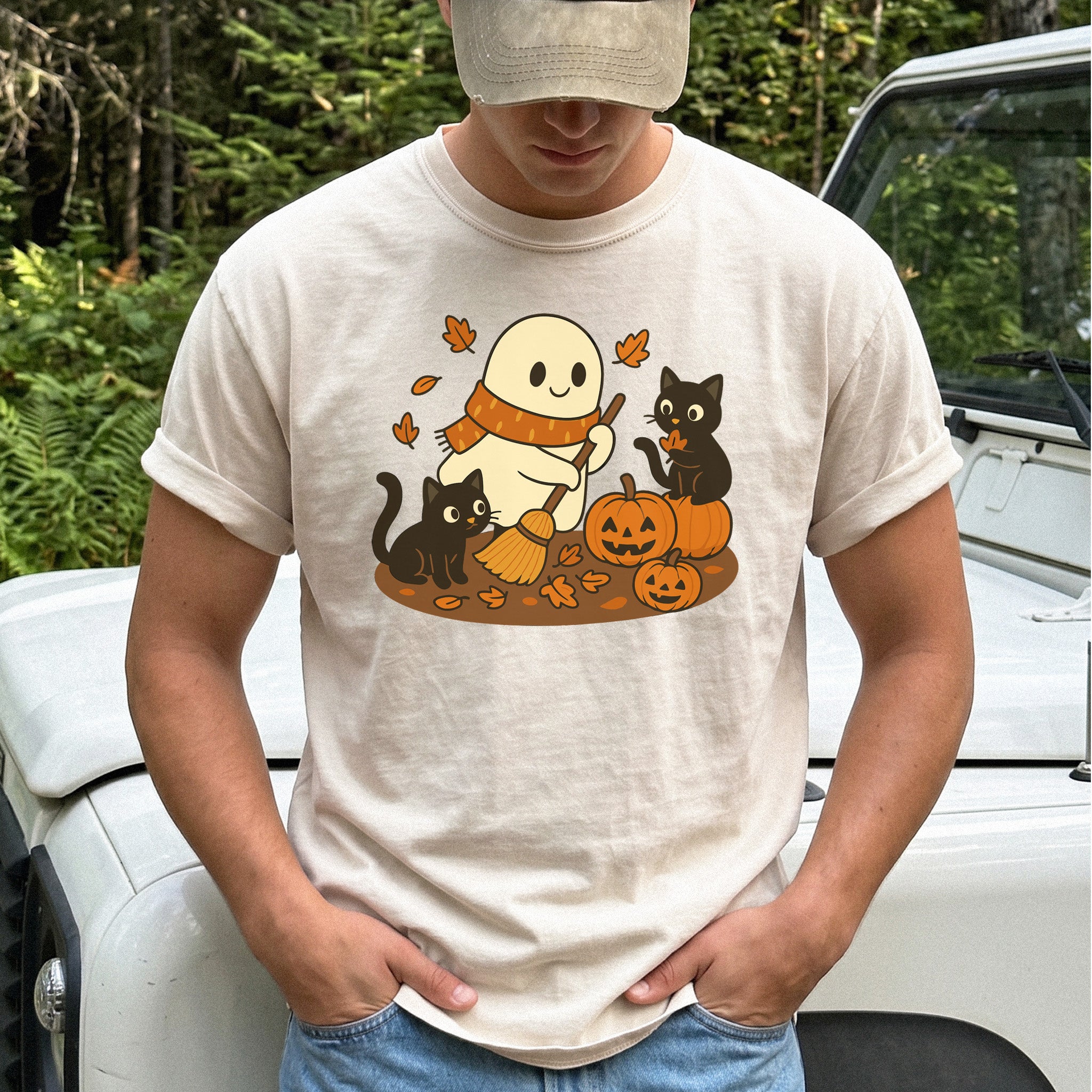 Autumn Ghost & Black Cats Comfort Colors Shirt – Pumpkin Patch Cozy Vibes