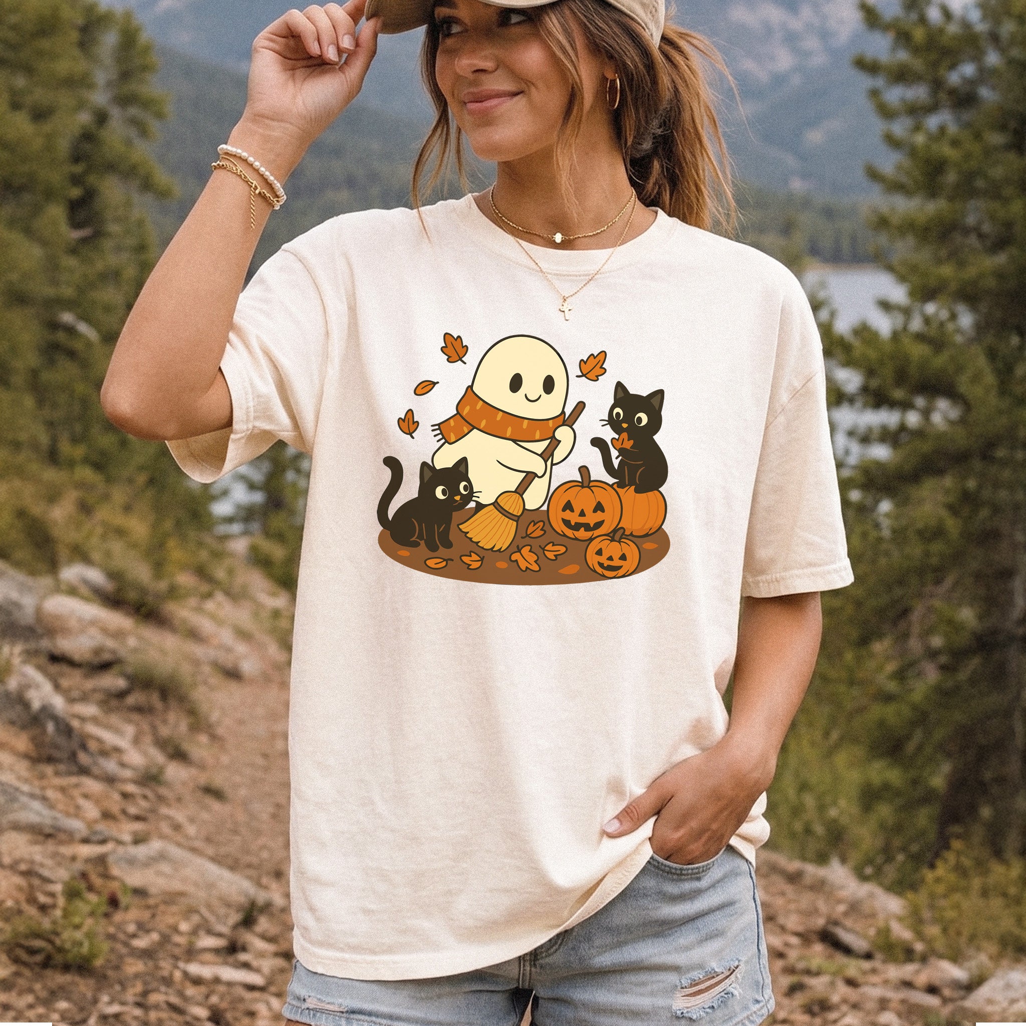 Autumn Ghost & Black Cats Comfort Colors Shirt – Pumpkin Patch Cozy Vibes