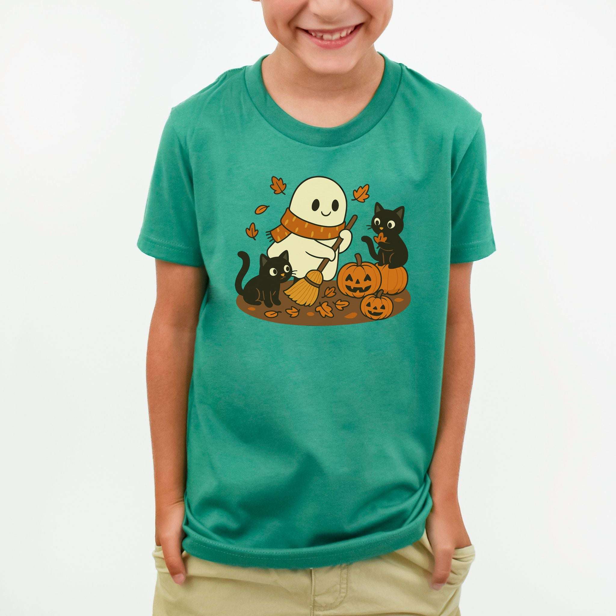 Autumn Ghost & Black Cats Youth Tee – Pumpkin Patch Cozy Vibes
