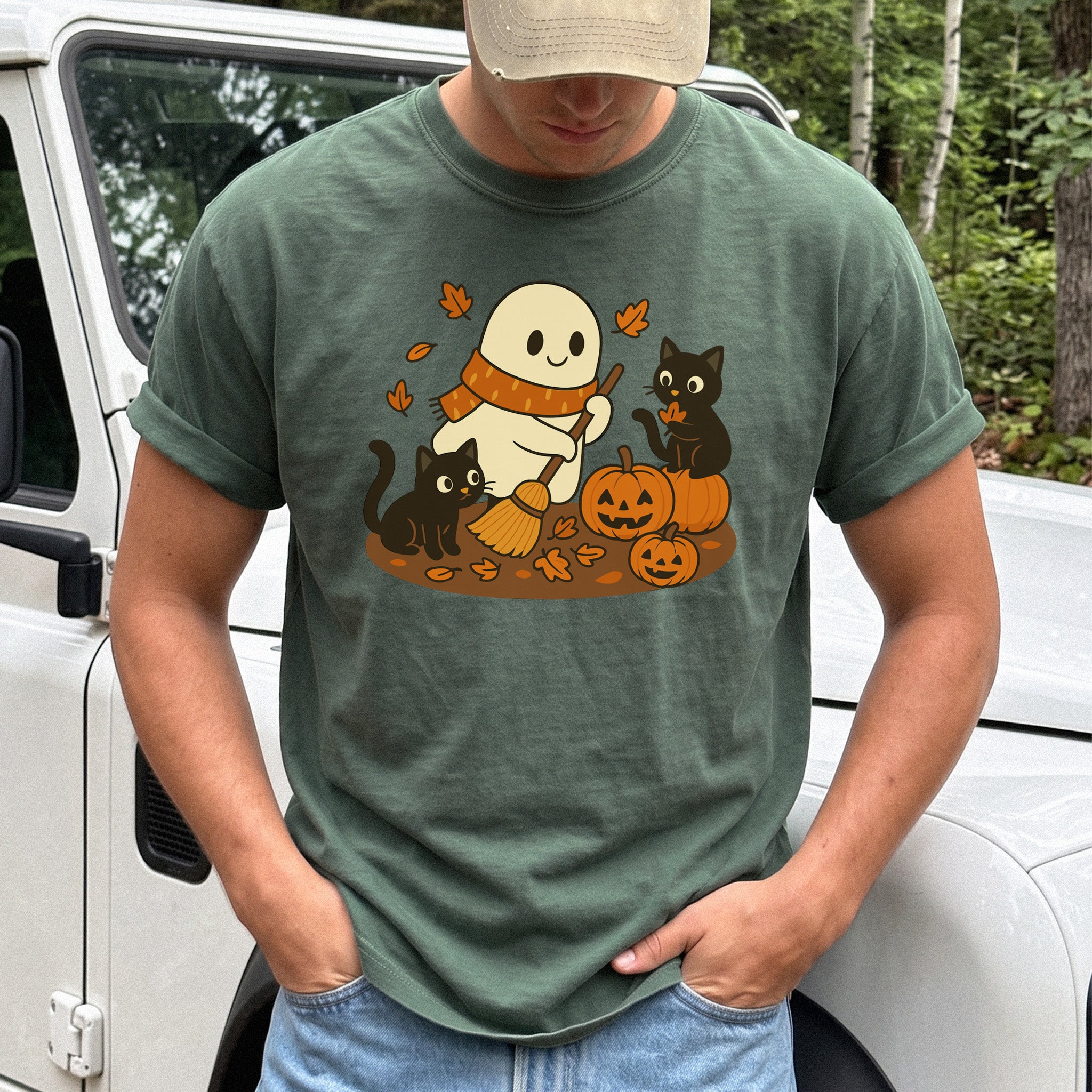 Autumn Ghost & Black Cats Comfort Colors Shirt – Pumpkin Patch Cozy Vibes
