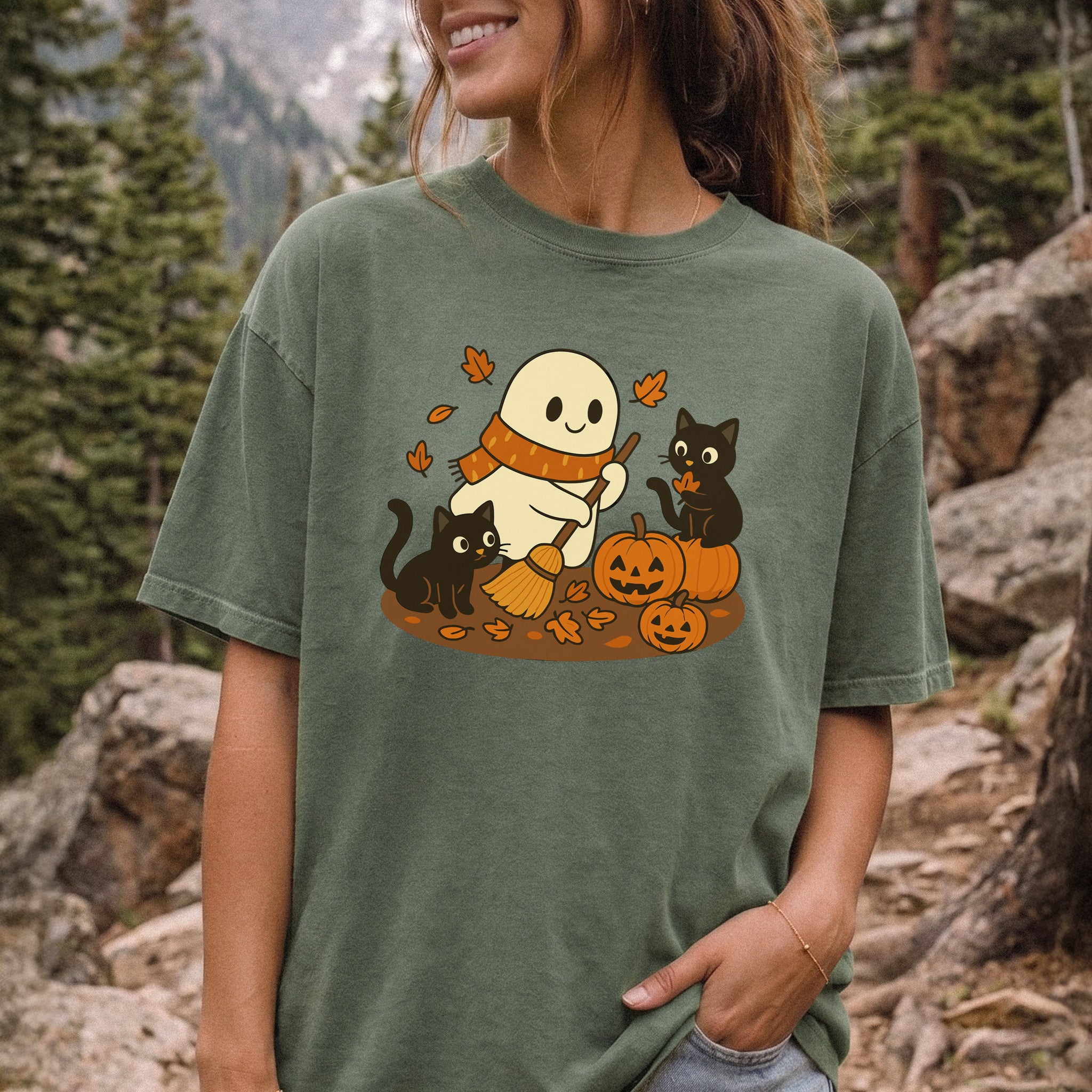 Autumn Ghost & Black Cats Comfort Colors Shirt – Pumpkin Patch Cozy Vibes
