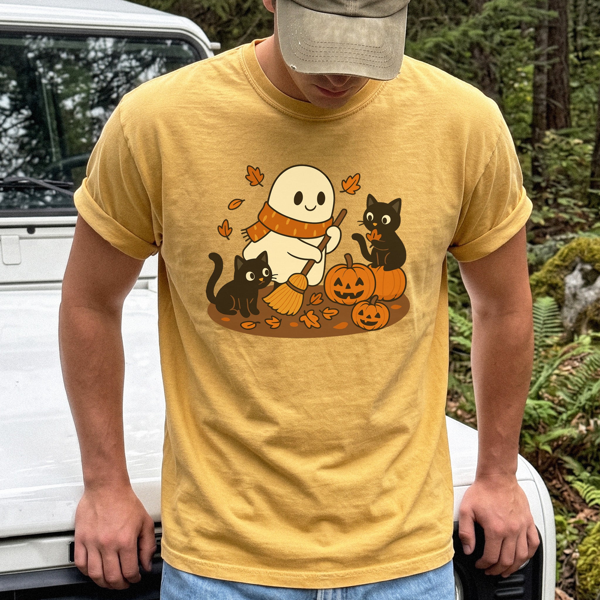 Autumn Ghost & Black Cats Comfort Colors Shirt – Pumpkin Patch Cozy Vibes