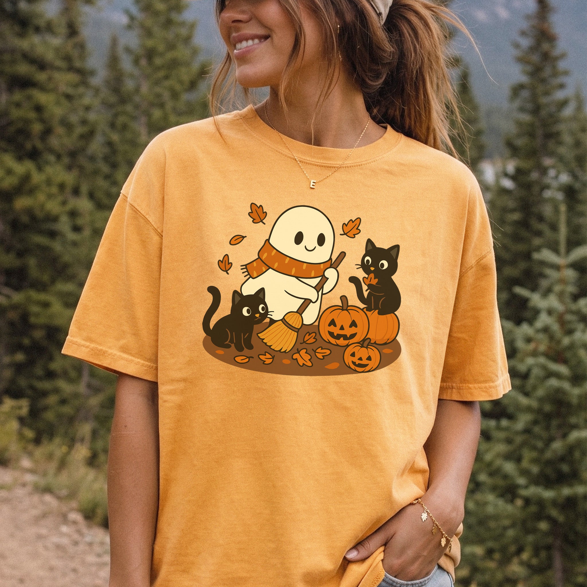Autumn Ghost & Black Cats Comfort Colors Shirt – Pumpkin Patch Cozy Vibes