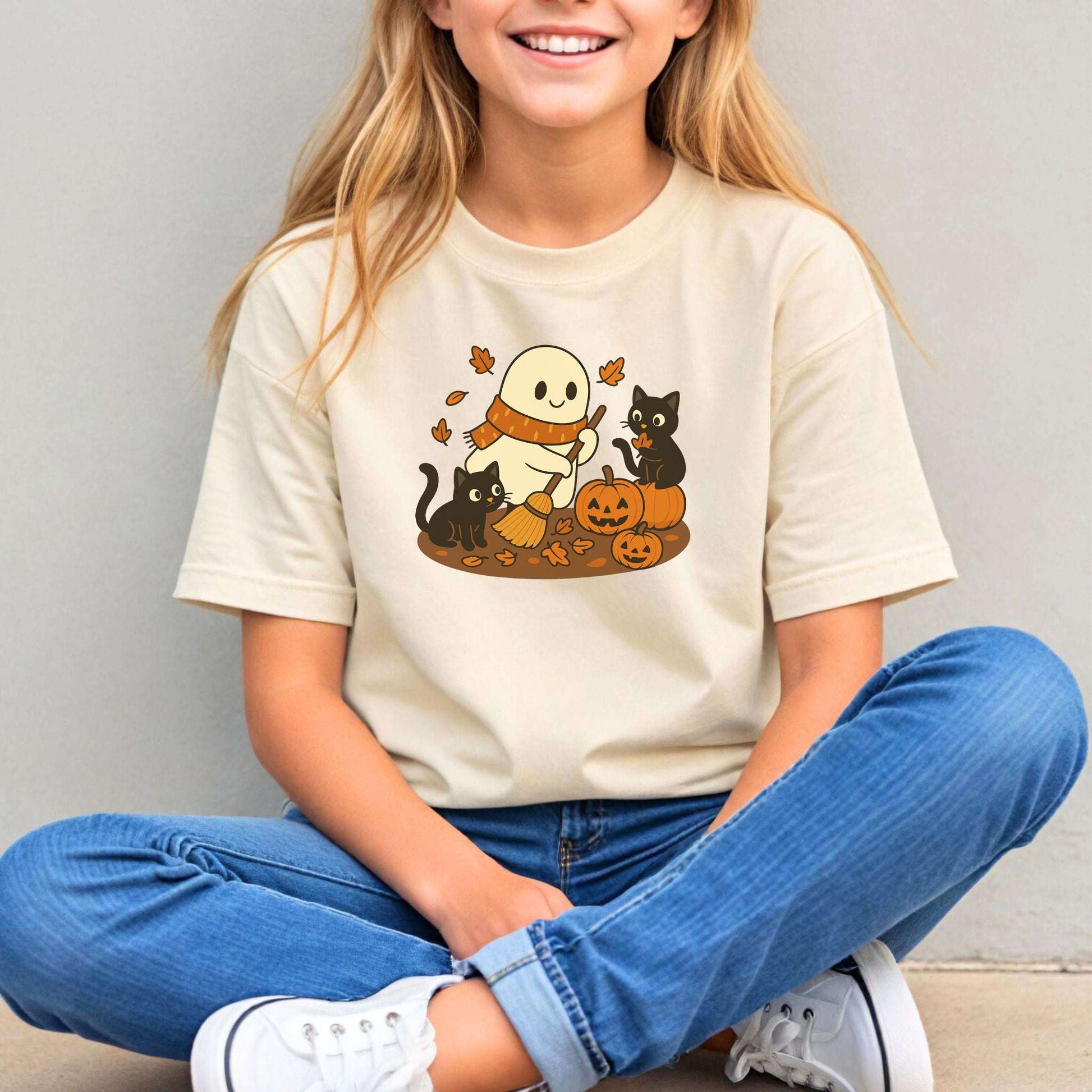 Autumn Ghost & Black Cats Youth Tee – Pumpkin Patch Cozy Vibes