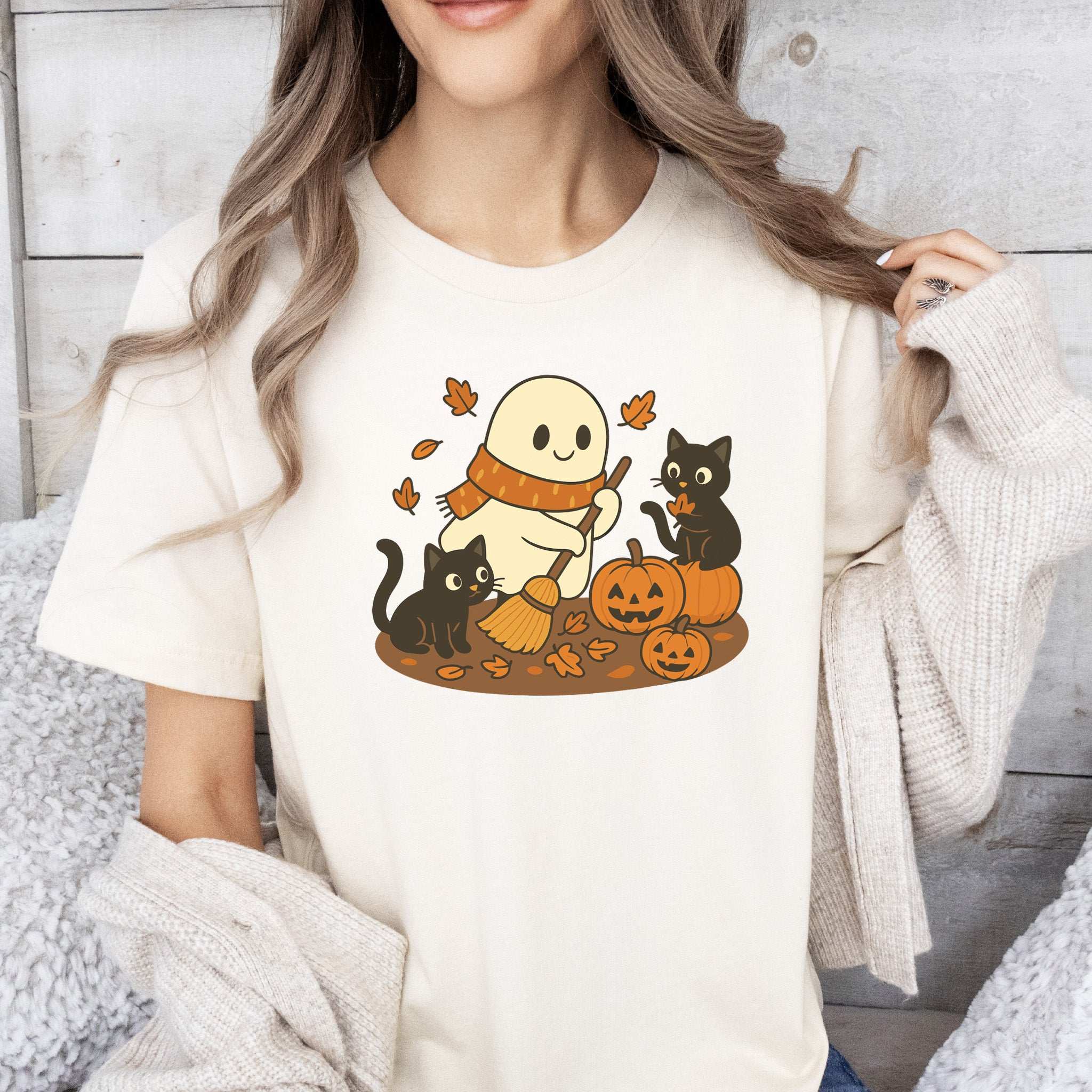 Autumn Ghost & Black Cats T-Shirt – Pumpkin Patch Cozy Vibes