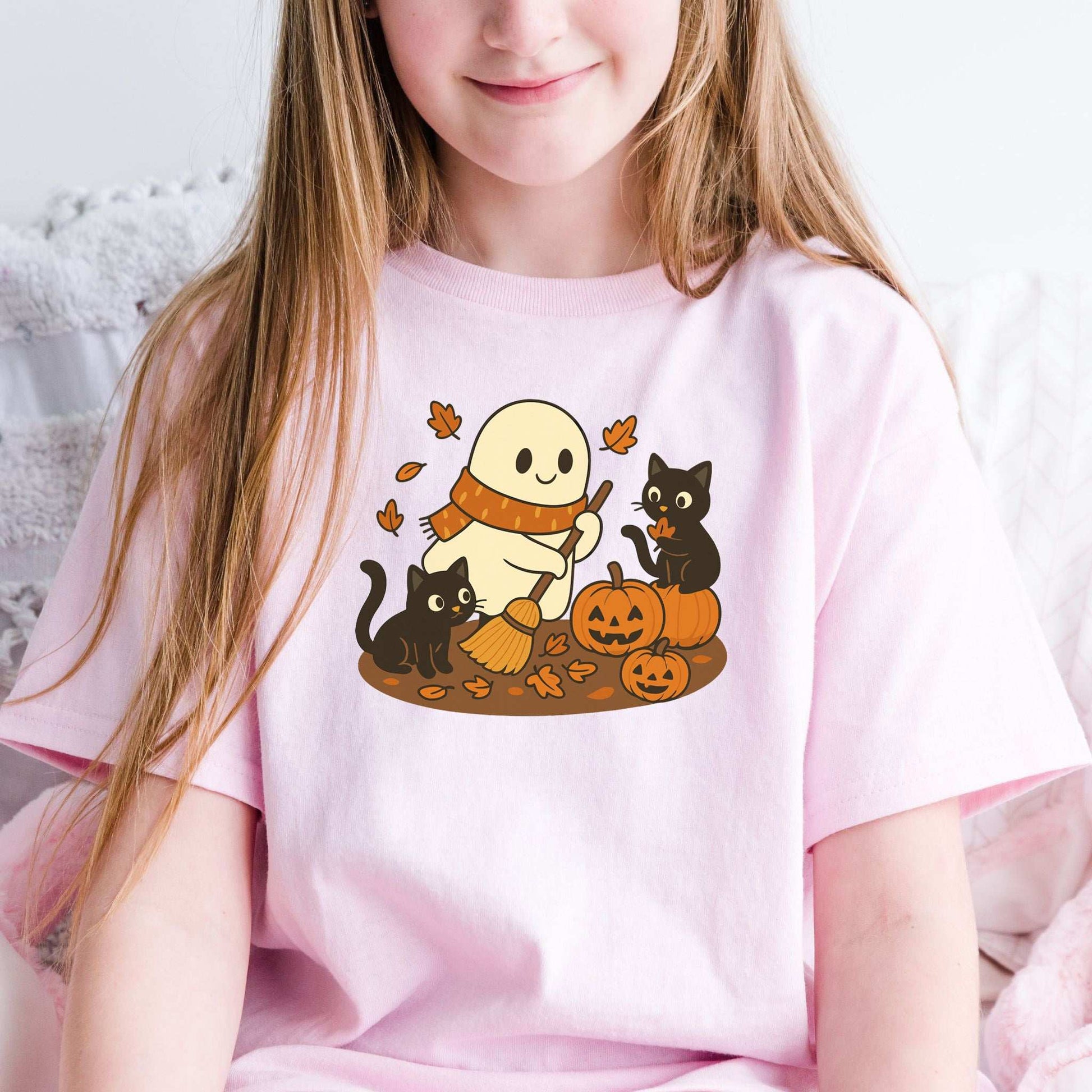 Autumn Ghost & Black Cats Youth Tee – Pumpkin Patch Cozy Vibes