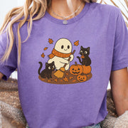 Autumn Ghost & Black Cats T-Shirt – Pumpkin Patch Cozy Vibes