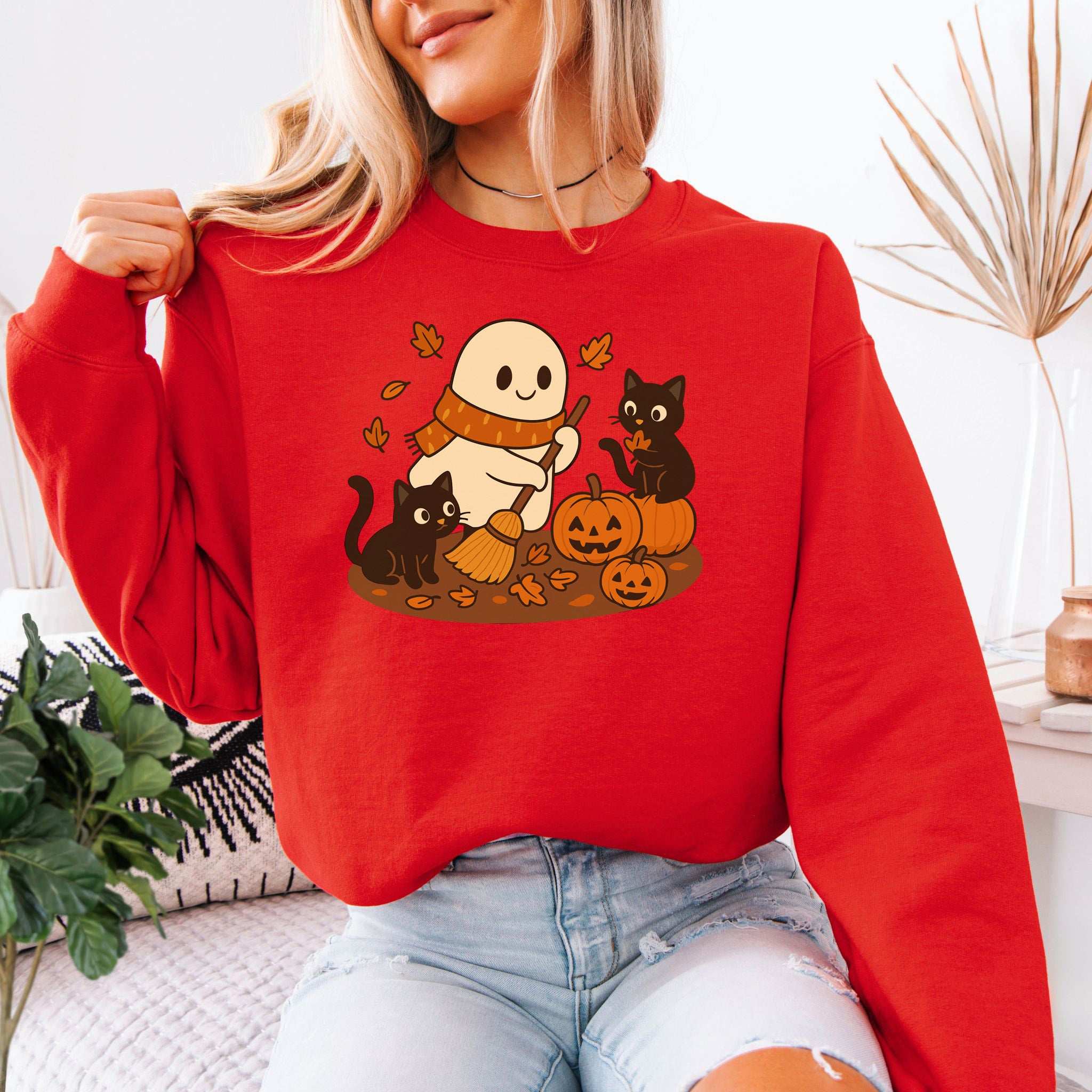 Autumn Ghost & Black Cats Sweatshirt – Pumpkin Patch Cozy Vibes