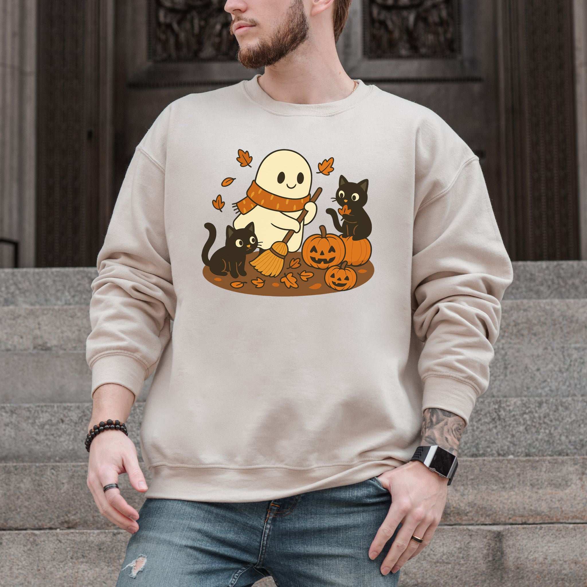 Autumn Ghost & Black Cats Sweatshirt – Pumpkin Patch Cozy Vibes