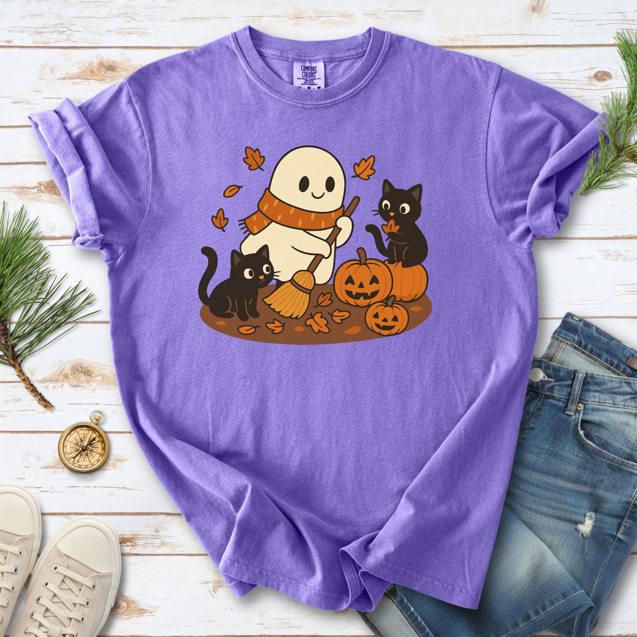 Autumn Ghost & Black Cats Comfort Colors Shirt – Pumpkin Patch Cozy Vibes