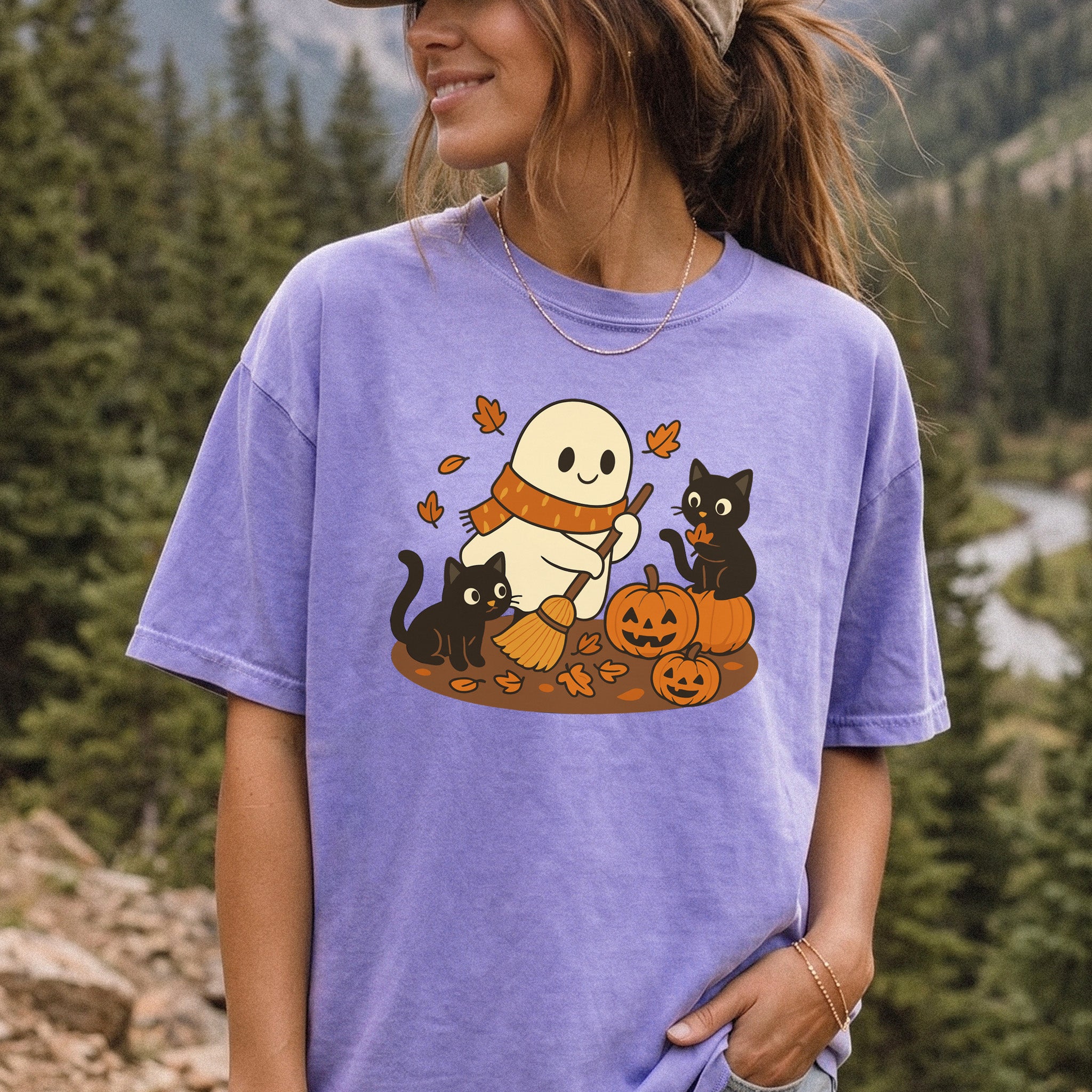 Autumn Ghost & Black Cats Comfort Colors Shirt – Pumpkin Patch Cozy Vibes