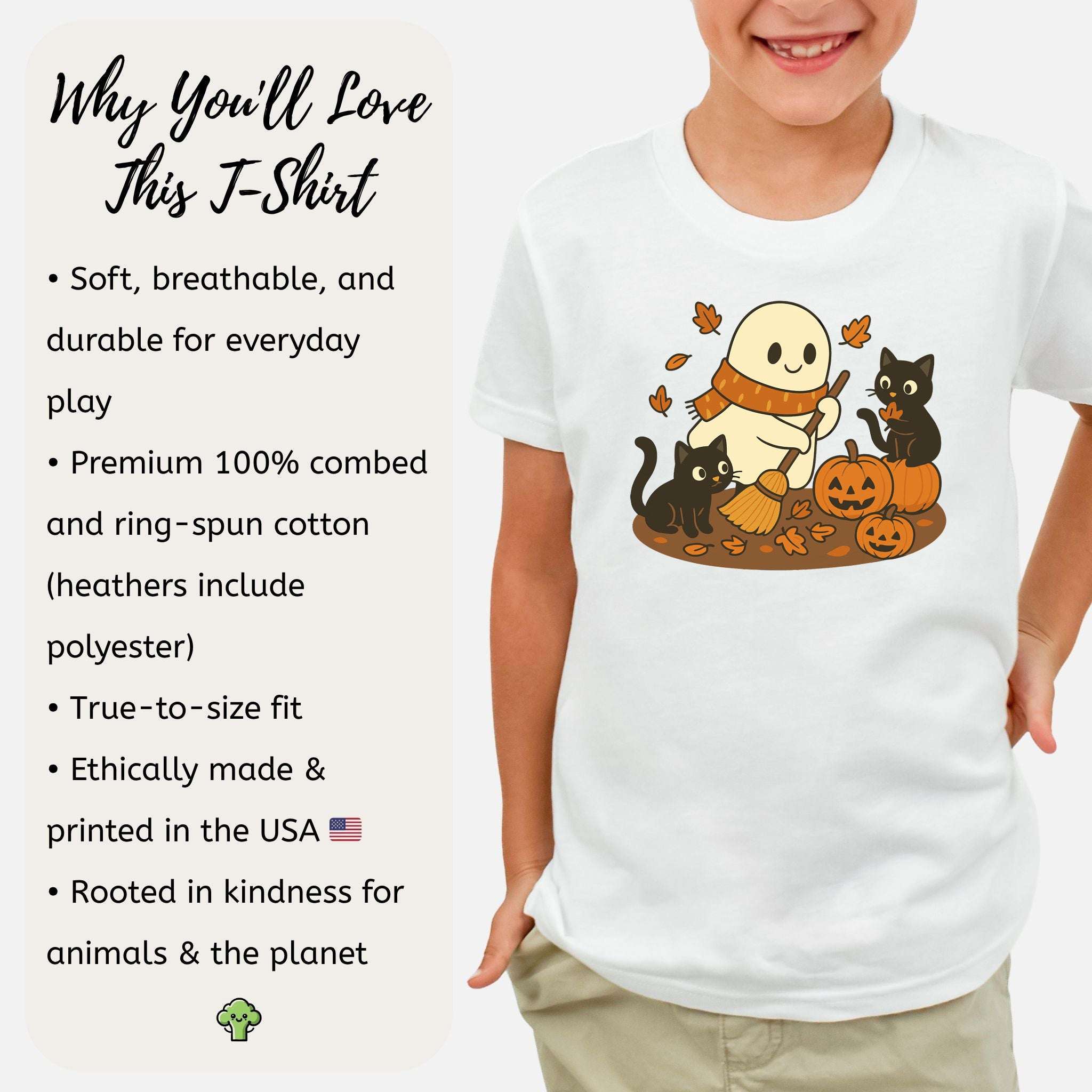 Autumn Ghost & Black Cats Youth Tee – Pumpkin Patch Cozy Vibes