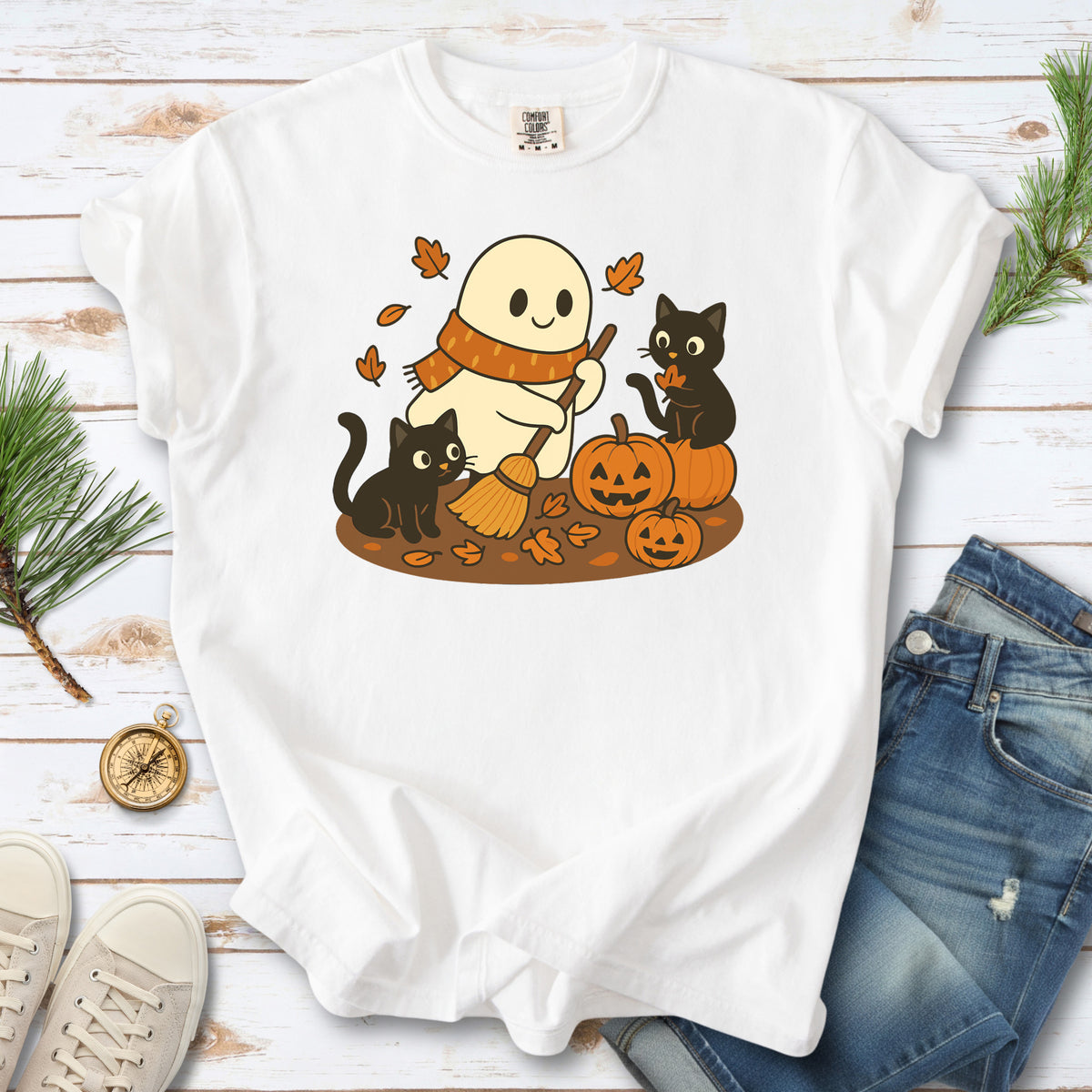 Autumn Ghost & Black Cats Comfort Colors Shirt – Pumpkin Patch Cozy Vibes