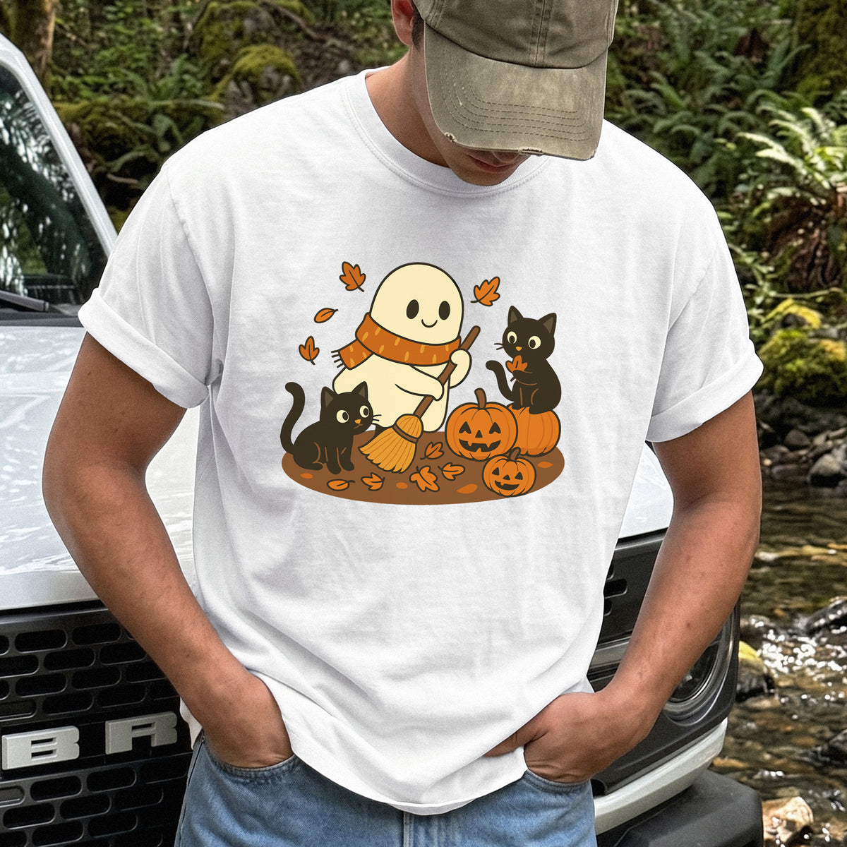 Autumn Ghost & Black Cats Comfort Colors Shirt – Pumpkin Patch Cozy Vibes