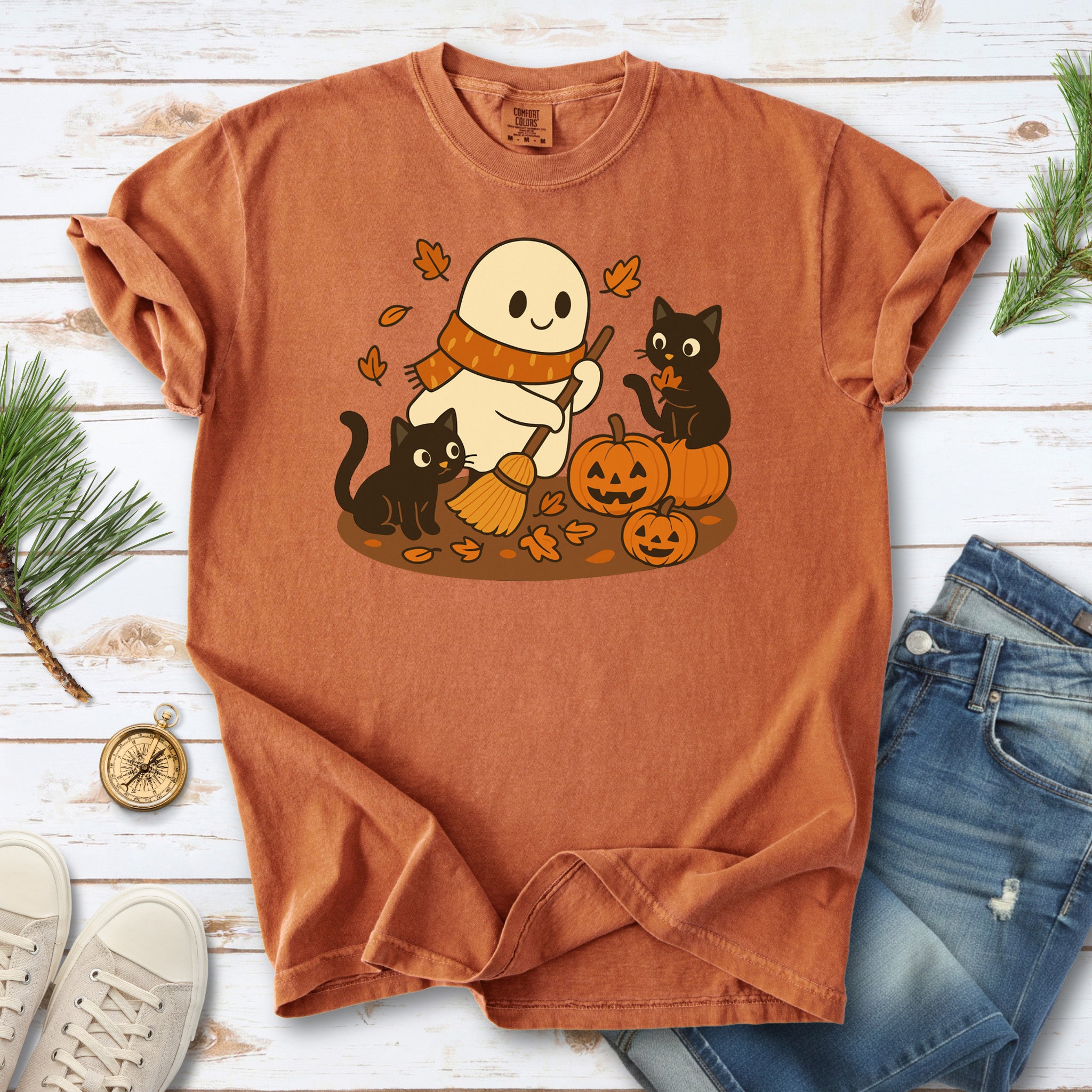 Autumn Ghost & Black Cats Comfort Colors Shirt – Pumpkin Patch Cozy Vibes