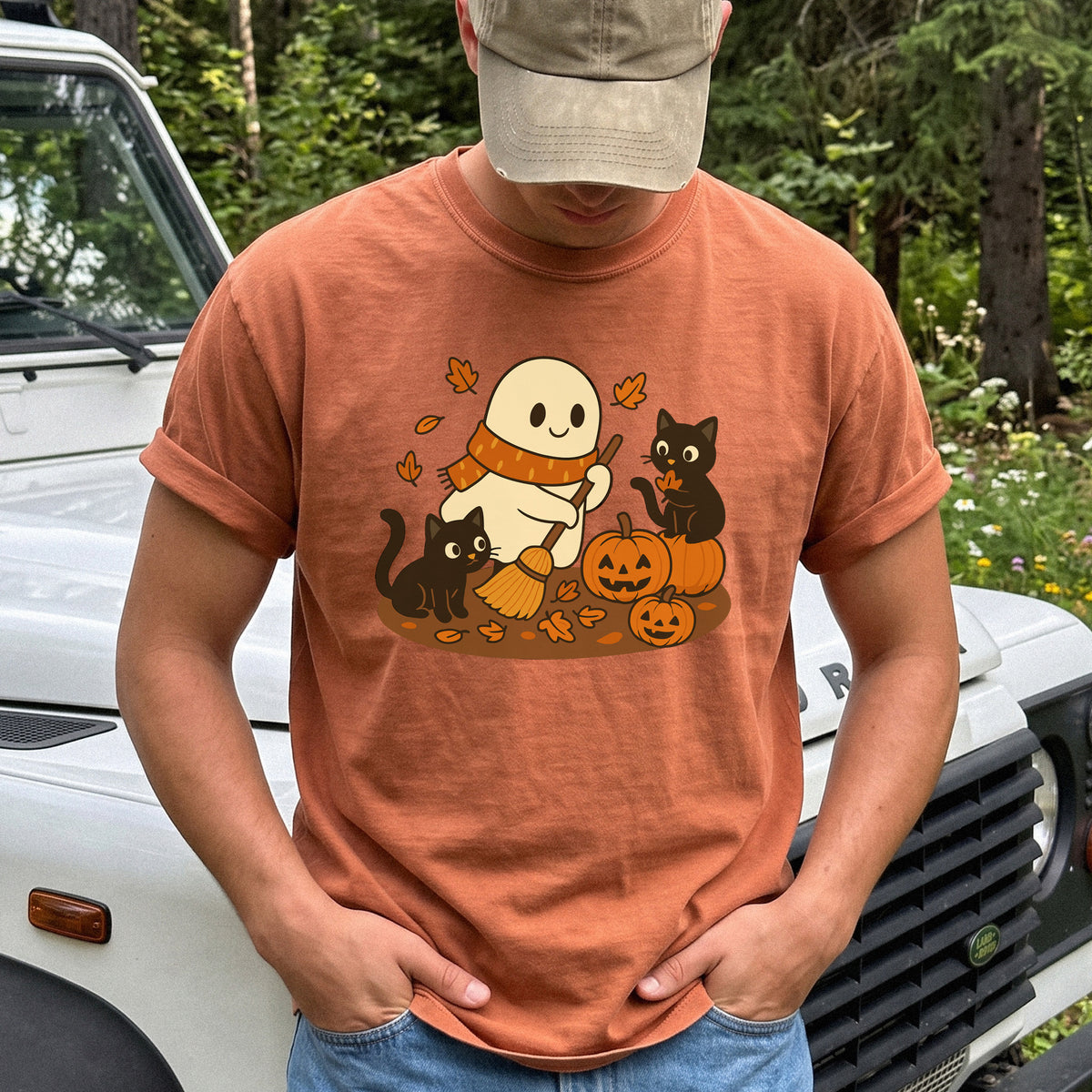 Autumn Ghost & Black Cats Comfort Colors Shirt – Pumpkin Patch Cozy Vibes