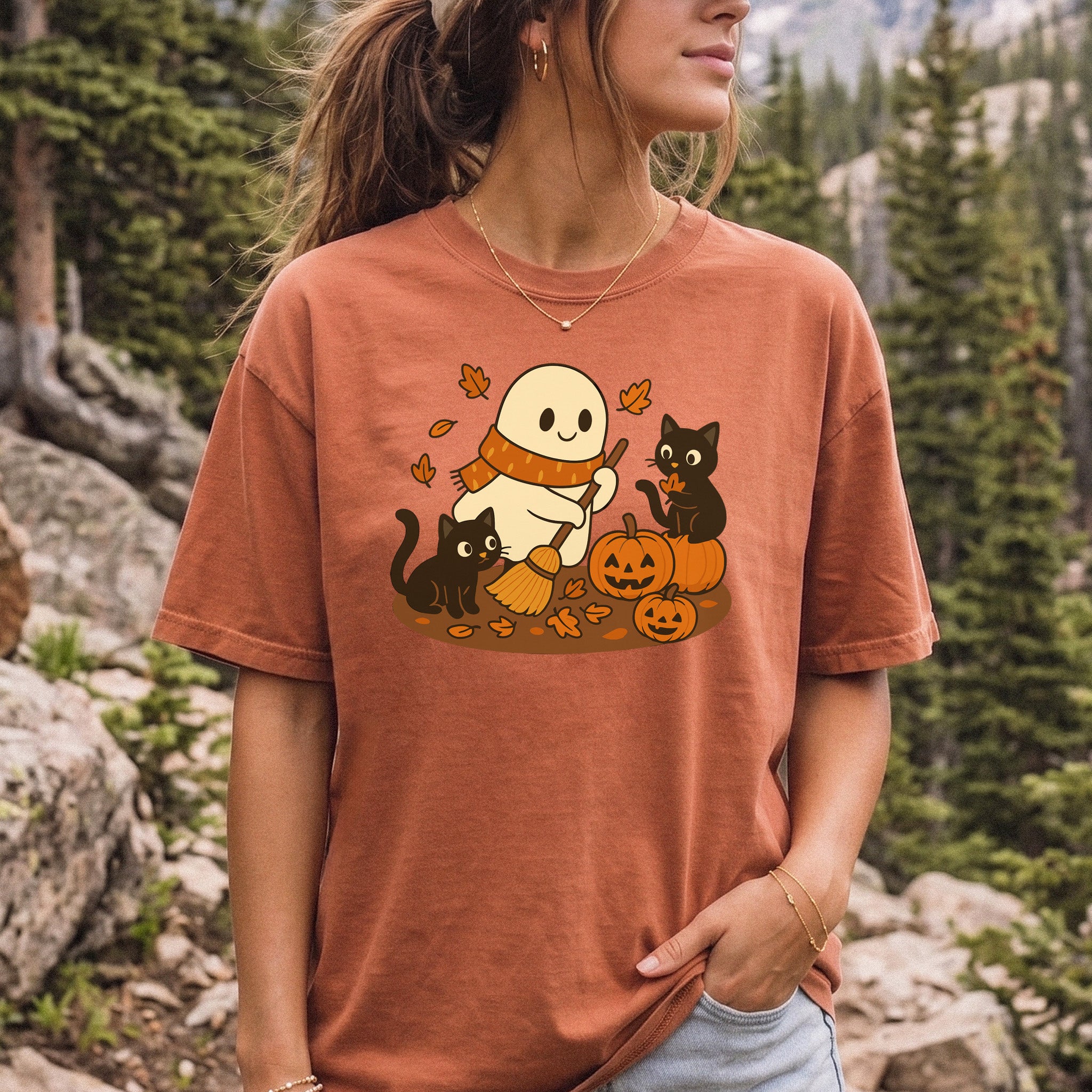 Autumn Ghost & Black Cats Comfort Colors Shirt – Pumpkin Patch Cozy Vibes