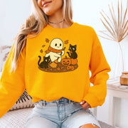 Autumn Ghost & Black Cats Sweatshirt – Pumpkin Patch Cozy Vibes