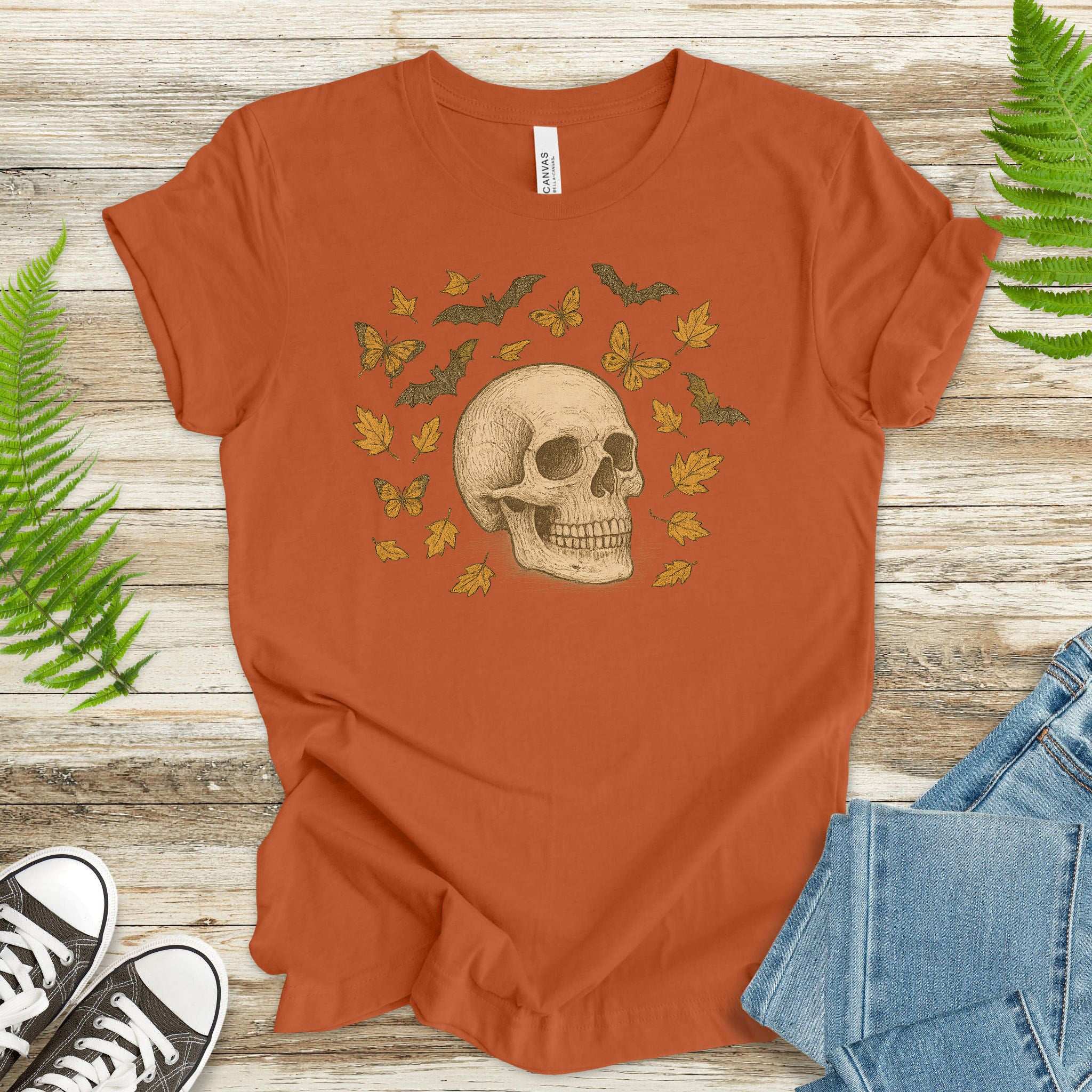 Autumn Skull T-Shirt – Vintage Bats, Butterflies & Fall Leaves