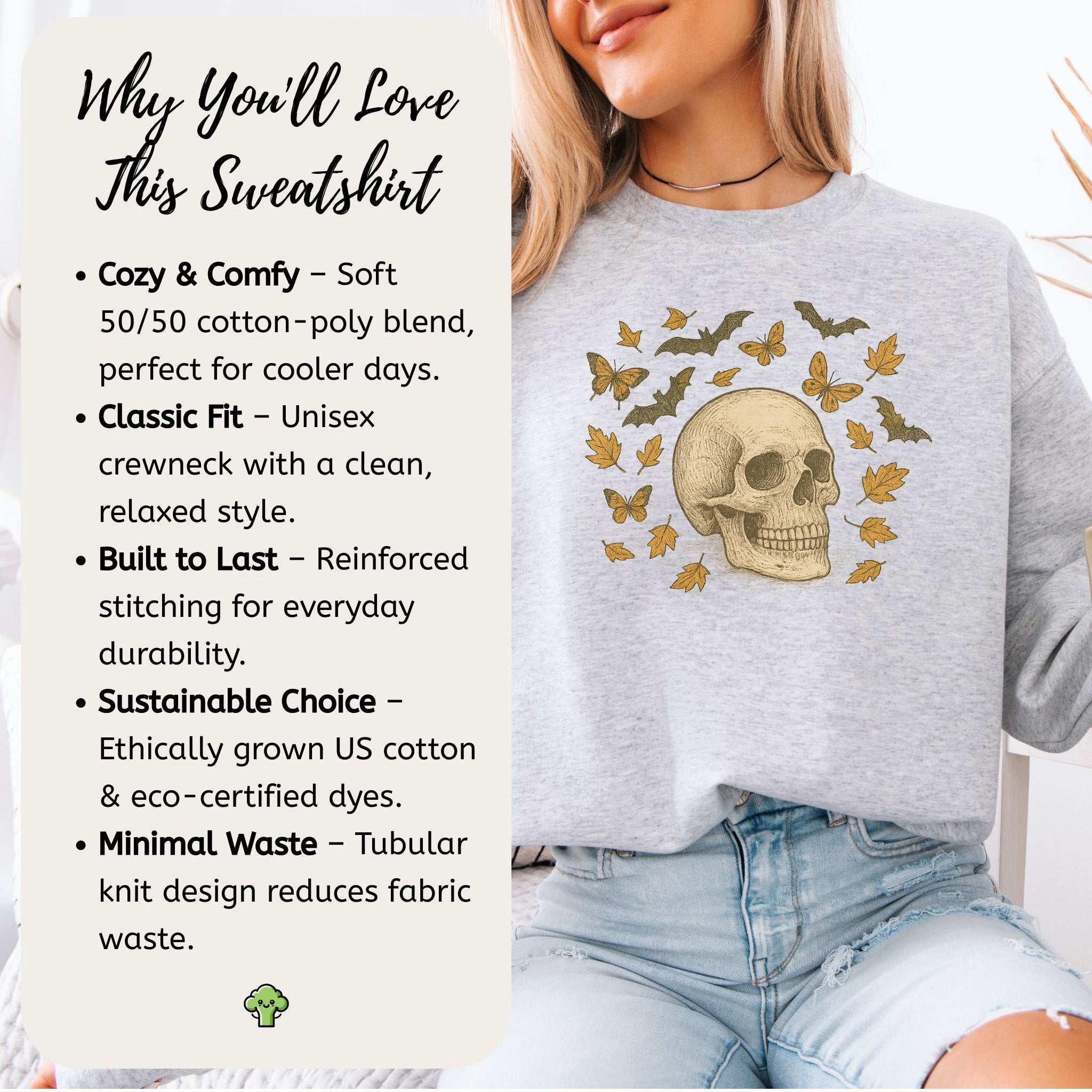 Autumn Skull Sweatshirt – Vintage Bats, Butterflies & Fall Leaves