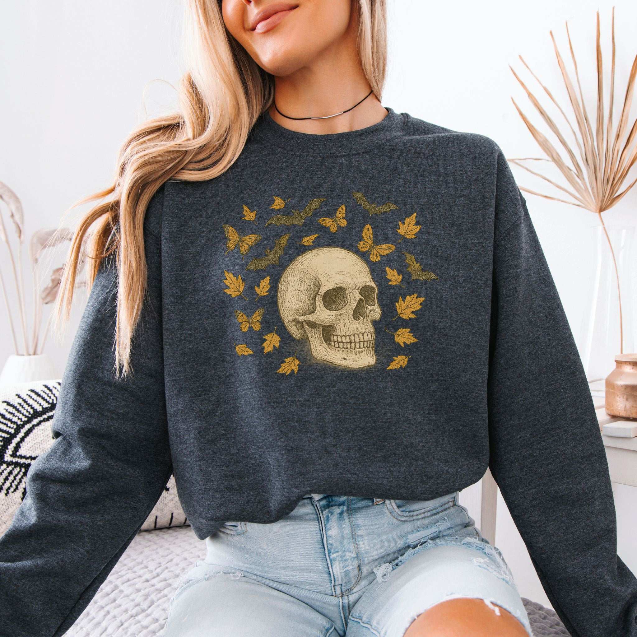 Autumn Skull Sweatshirt – Vintage Bats, Butterflies & Fall Leaves
