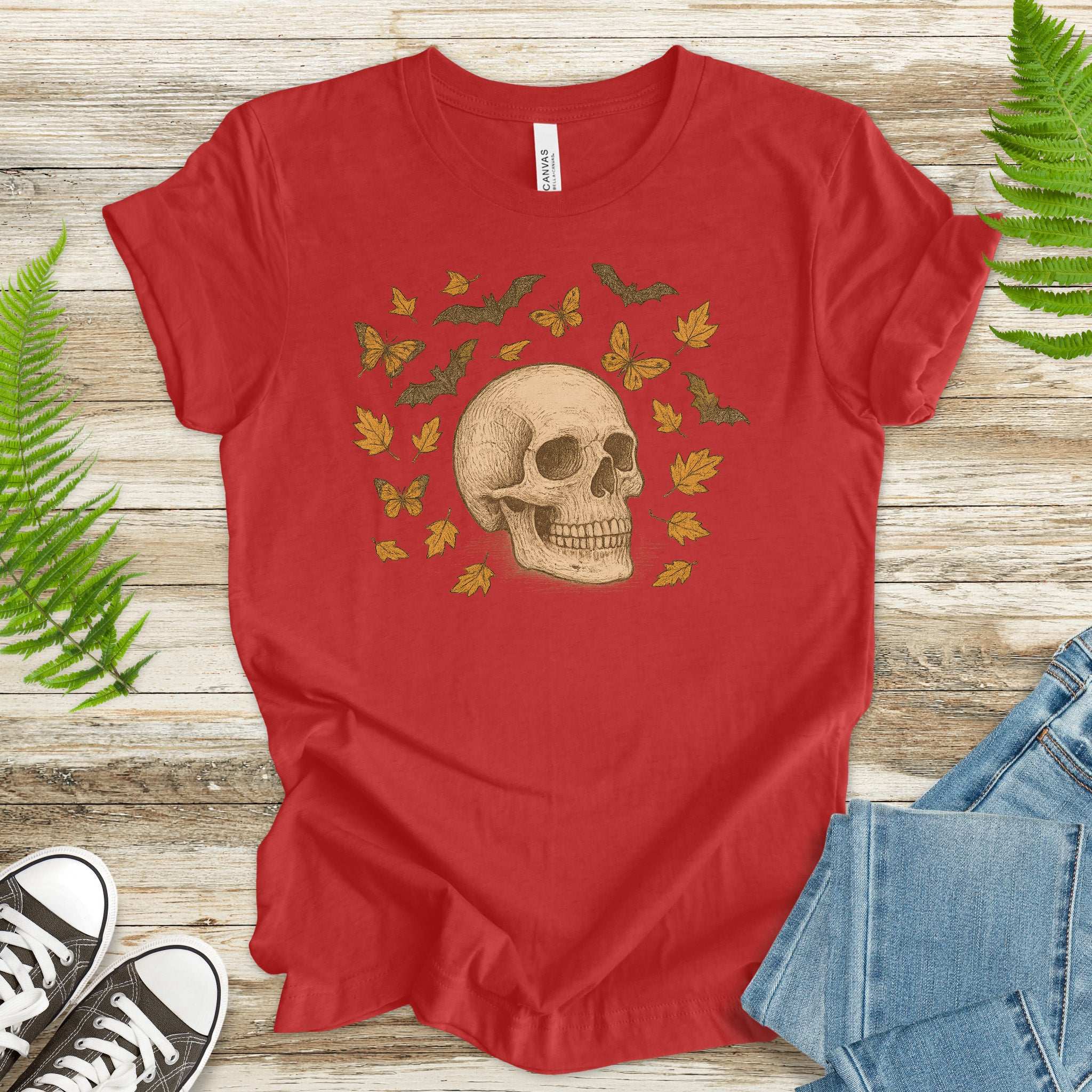 Autumn Skull T-Shirt – Vintage Bats, Butterflies & Fall Leaves
