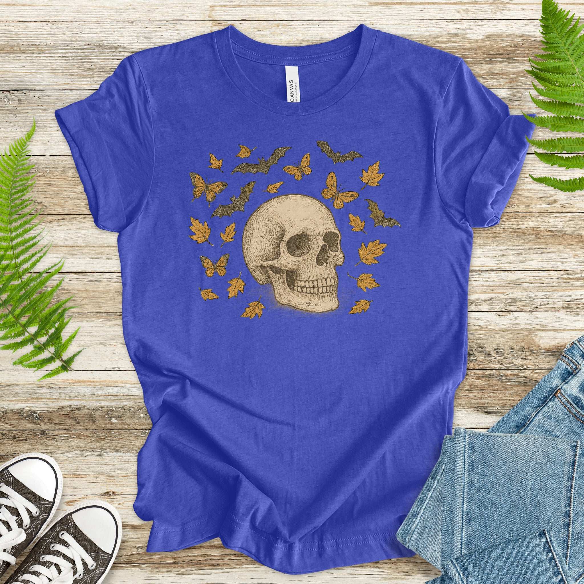 Autumn Skull T-Shirt – Vintage Bats, Butterflies & Fall Leaves