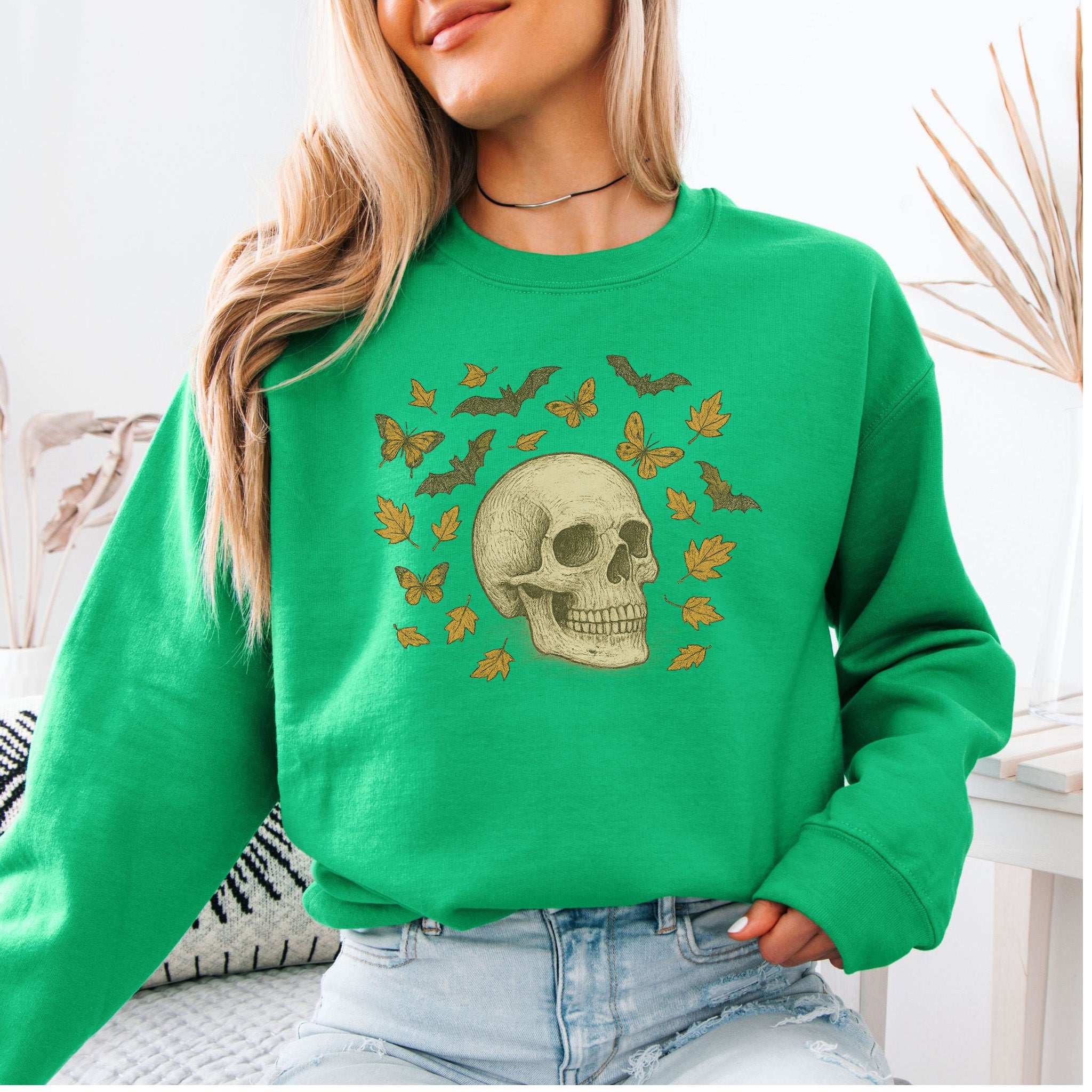Autumn Skull Sweatshirt – Vintage Bats, Butterflies & Fall Leaves